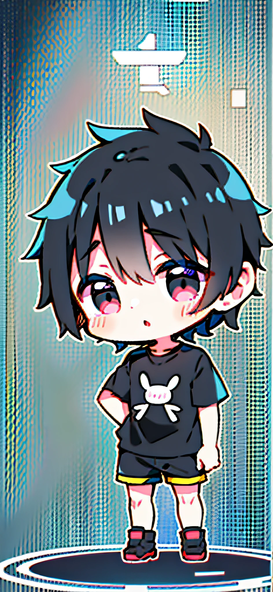 Male, short black hair, kawaii illustration, icon graphic, adorable, face forward, standing, symmetrical posture, solo, shota, cute, short sleeves, loose shorts, black eyes, well-behaved temperament, no background, two-headed body, cute, big head, full body