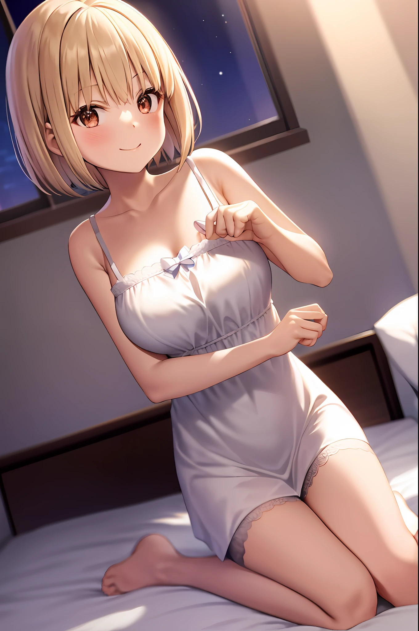 Chisato, 1girl, bangs, bedroom, short hair, smile, solo, sit, night dress, sexy pose, breast out, lingerie, garter straps, stocking, hands behind,