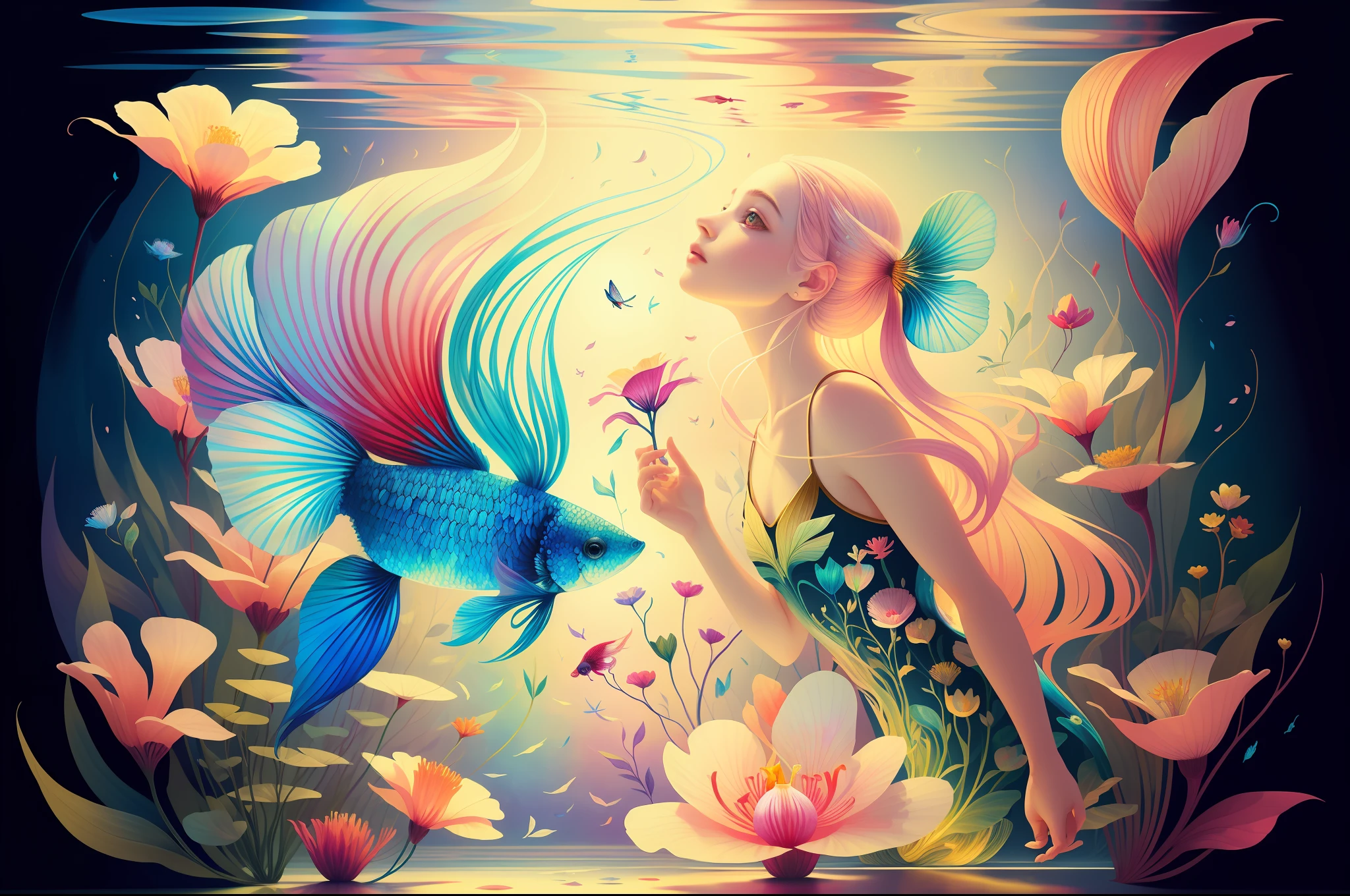 (Illustration:1.3) beautiful betta fish swimming with flowers (by Artist Anna Dittman:1), (((masterpiece))), (((best quality))), ((ultra-detailed)),(detailed light),((an extremely delicate and beautiful)),