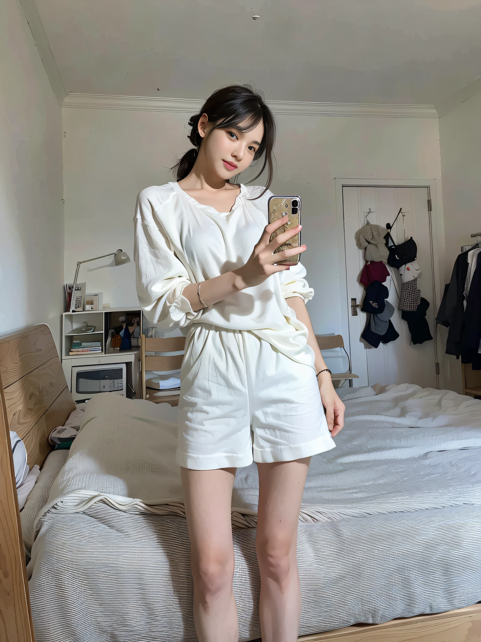araffe woman in white pajamas taking a selfie in a bedroom, in white clothes, white clothes, wearing white clothes, casual white garment, wearing white pajamas, white trendy clothes, white fluffy cotton shorts, white outfit, white silky outfit, with a long white, smooth white tight clothes suit, white puffy outfit, white sleeves, with short hair