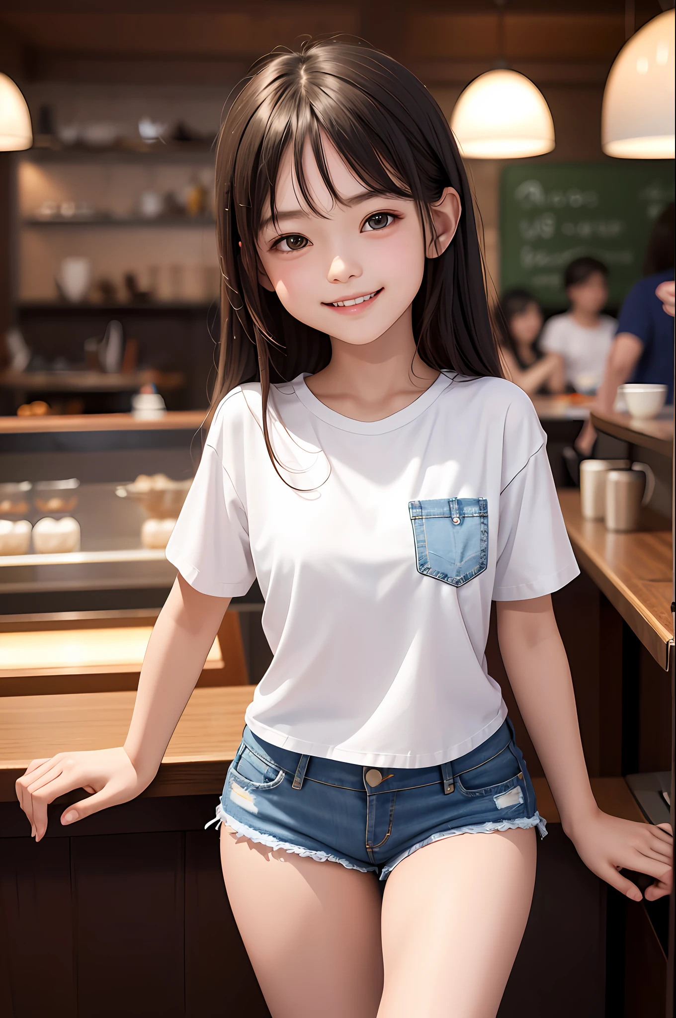 (masterpiece), (best quality), ultra hi res, 8k, extremely detailed CG unity 8k wallpaper, beautiful 8  girl, child, emssed smile, White shirt, (denim shorts), at coffee shop, crowded, crowd, good lighting