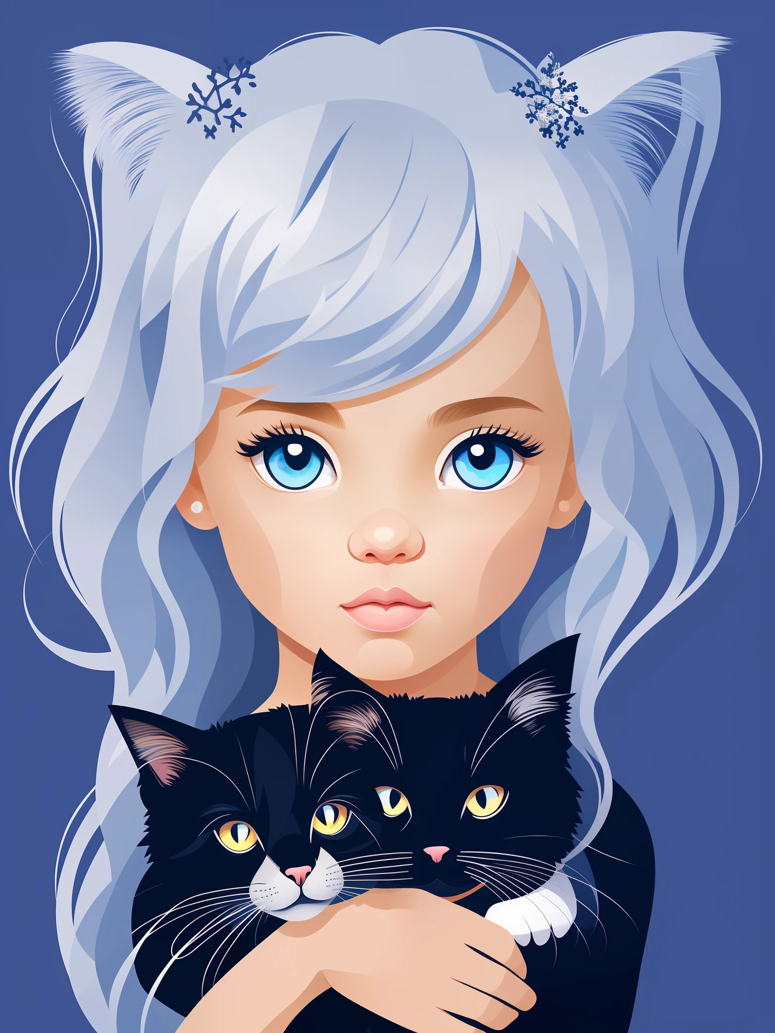 A cute little girl holding a cat, white hair, face close - up, looking at the viewer, upper body of the character, flat illustration, geometric shapes, minimalism, by Aka Outwork style, blue background --ar 3:4 --style expressive