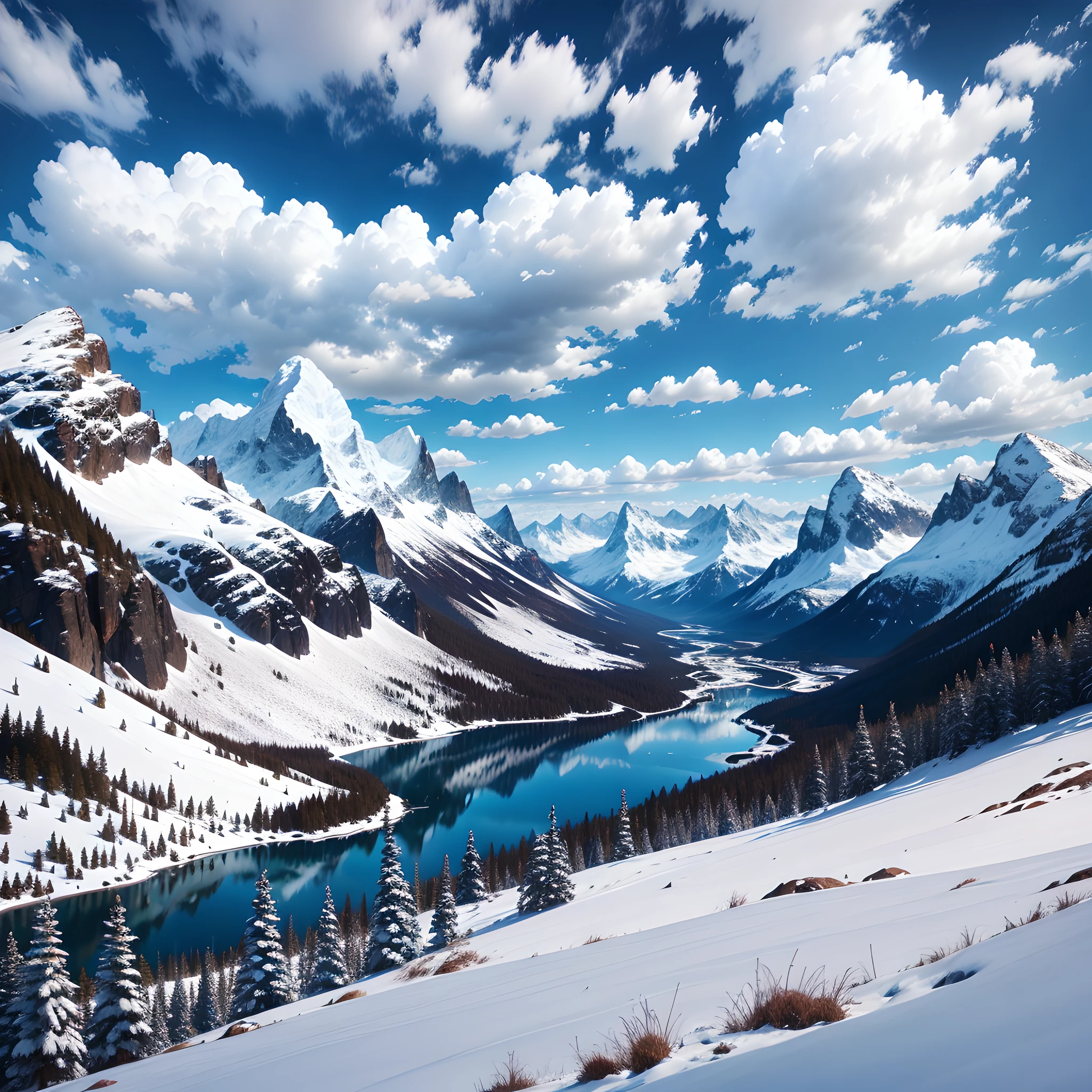Blue sky and white clouds, snowy mountains, lakes, a path