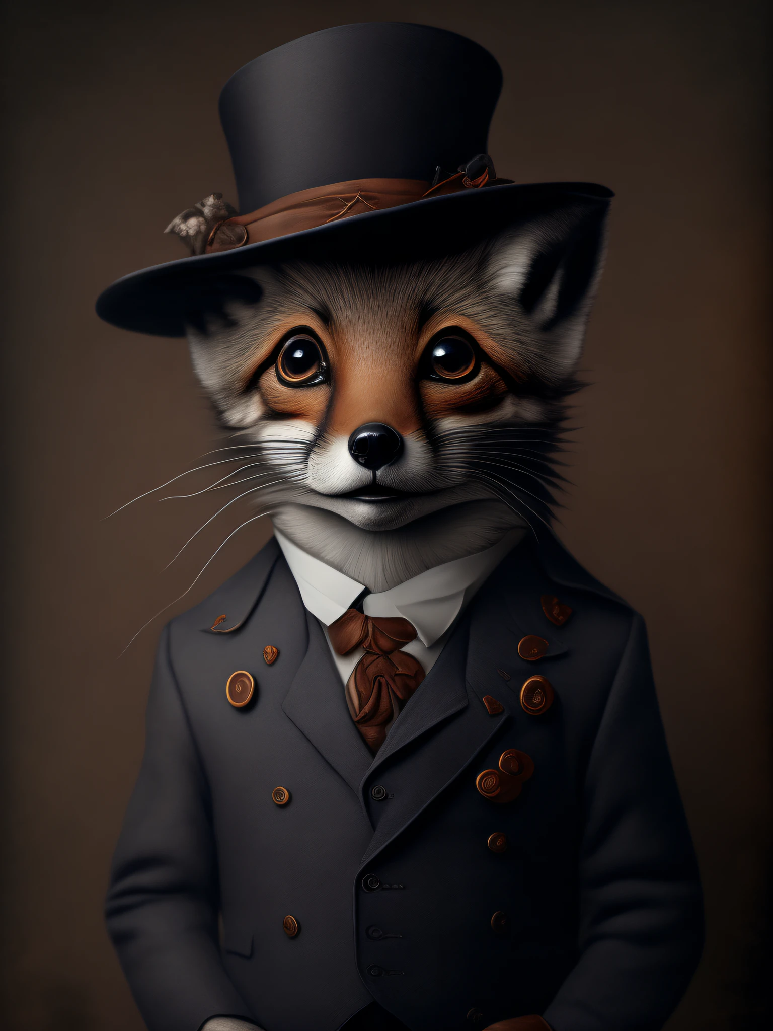 fox in top hat and suit with tie, cute fox, elegant fox, fox in top hat, dignified nobleman, dressed in gorgeous clothes, epic elegant portrait, well-dressed, well-behaved, he looks very delicate, he wears a top hat, anthropomorphic fox, wears a top hat