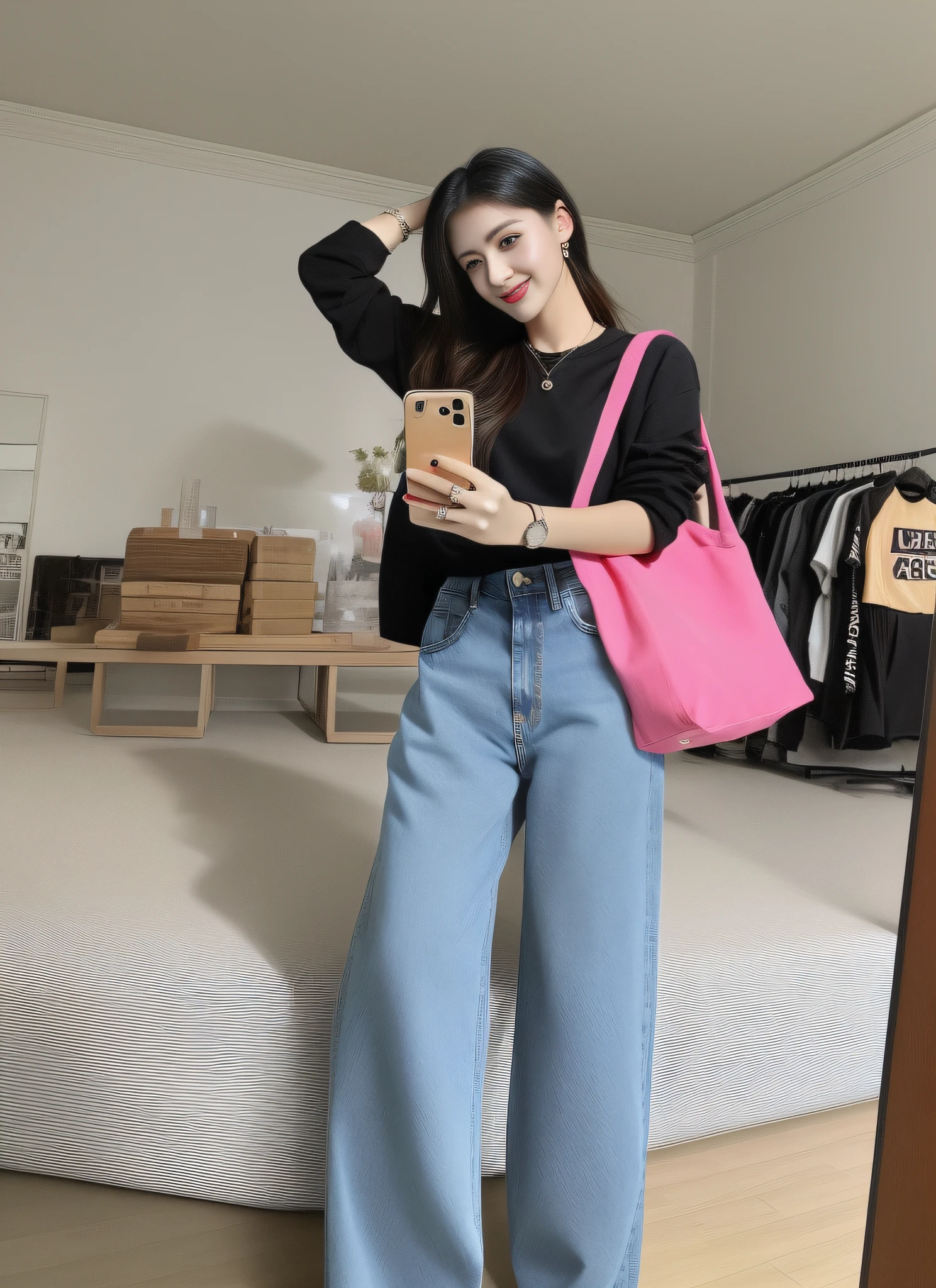 araffe woman in jeans and a black shirt is taking a picture of herself, baggy jeans, wearing a baggy, outfit photo, y 2 k style, y2k style, baggy, baggy pants, jeans, 90s style, some pink, she is wearing streetwear, vibrant aesthetic, large pants, y 2 k aesthetic
