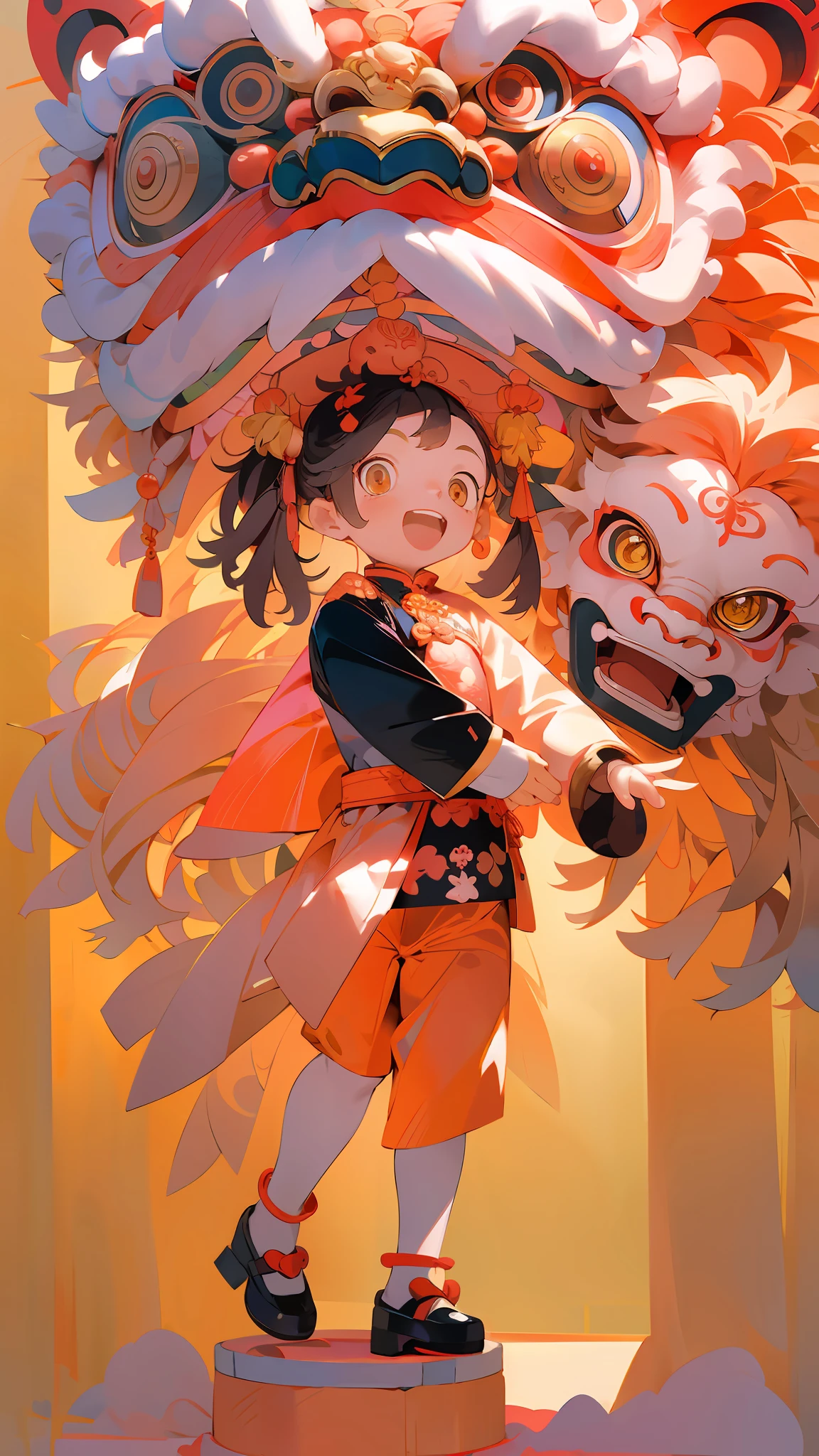 A boy::1 holding a huge lion's head::2, toddler, cute, laughing, red lantern, chinese year, indoor, chinese clothes, chinese style, red, lion dance