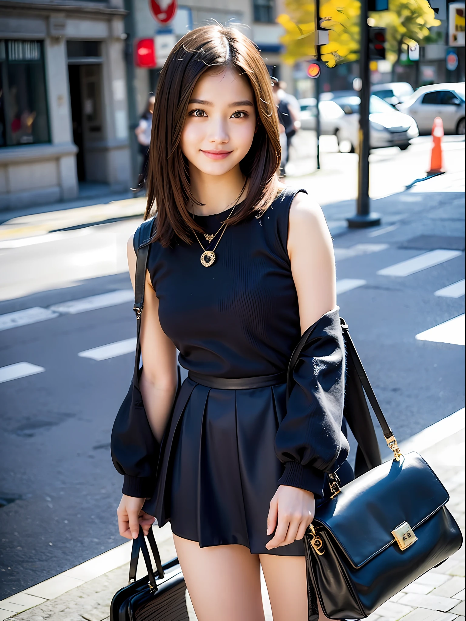 18 year old girl with perfect face and big, café, right hand with hair, cute clothes, slim and slender physique. The skin has detailed and highly detailed eyes (1.1 emphasis), very detailed skin texture (1.1 emphasis). slender necklace, model photo style, photorealistic, skin texture is real human skin texture, detailed skin pores, intricate details, eyes very detailed, black tight skirt: 1.5, black sleeveless: 1.2, navy blue bag, white fluffy coat, street, smile, viewer's eye view, dimples