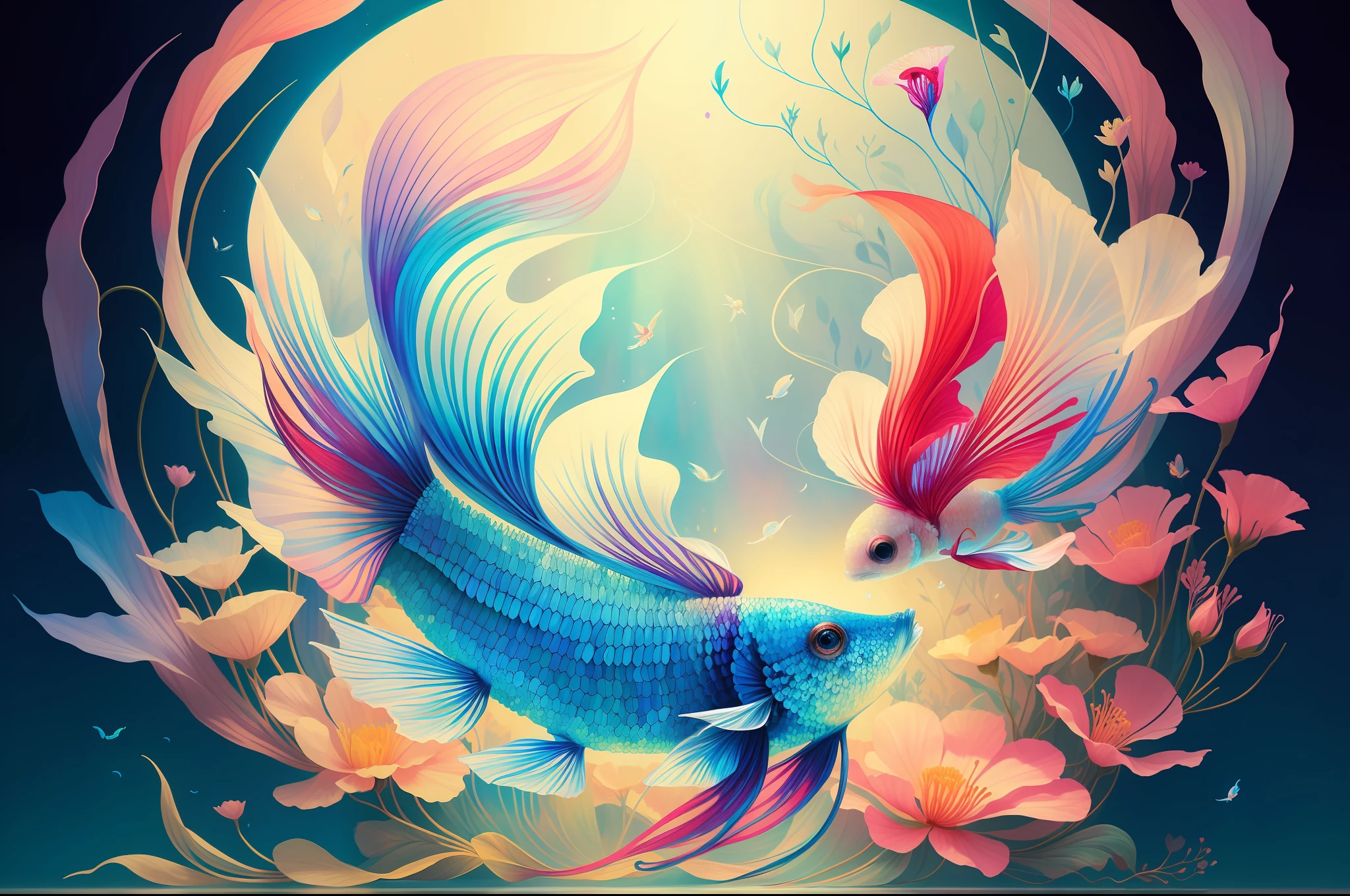 (Illustration:1.3) beautiful betta fish swimming with flowers (by Artist Anna Dittman:1), (((masterpiece))), (((best quality))), ((ultra-detailed)),(detailed light),((an extremely delicate and beautiful)),