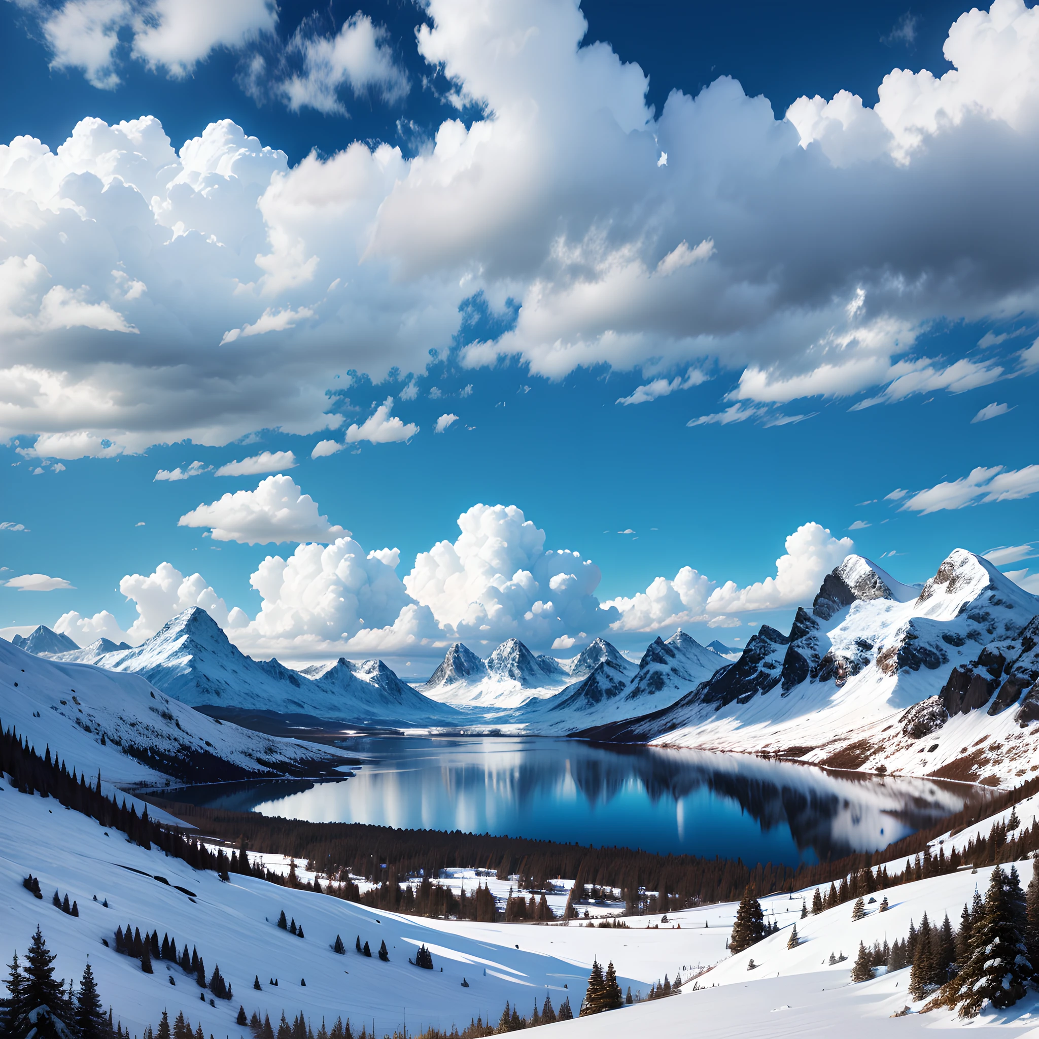 Blue sky and white clouds, snowy mountains, lakes, a path