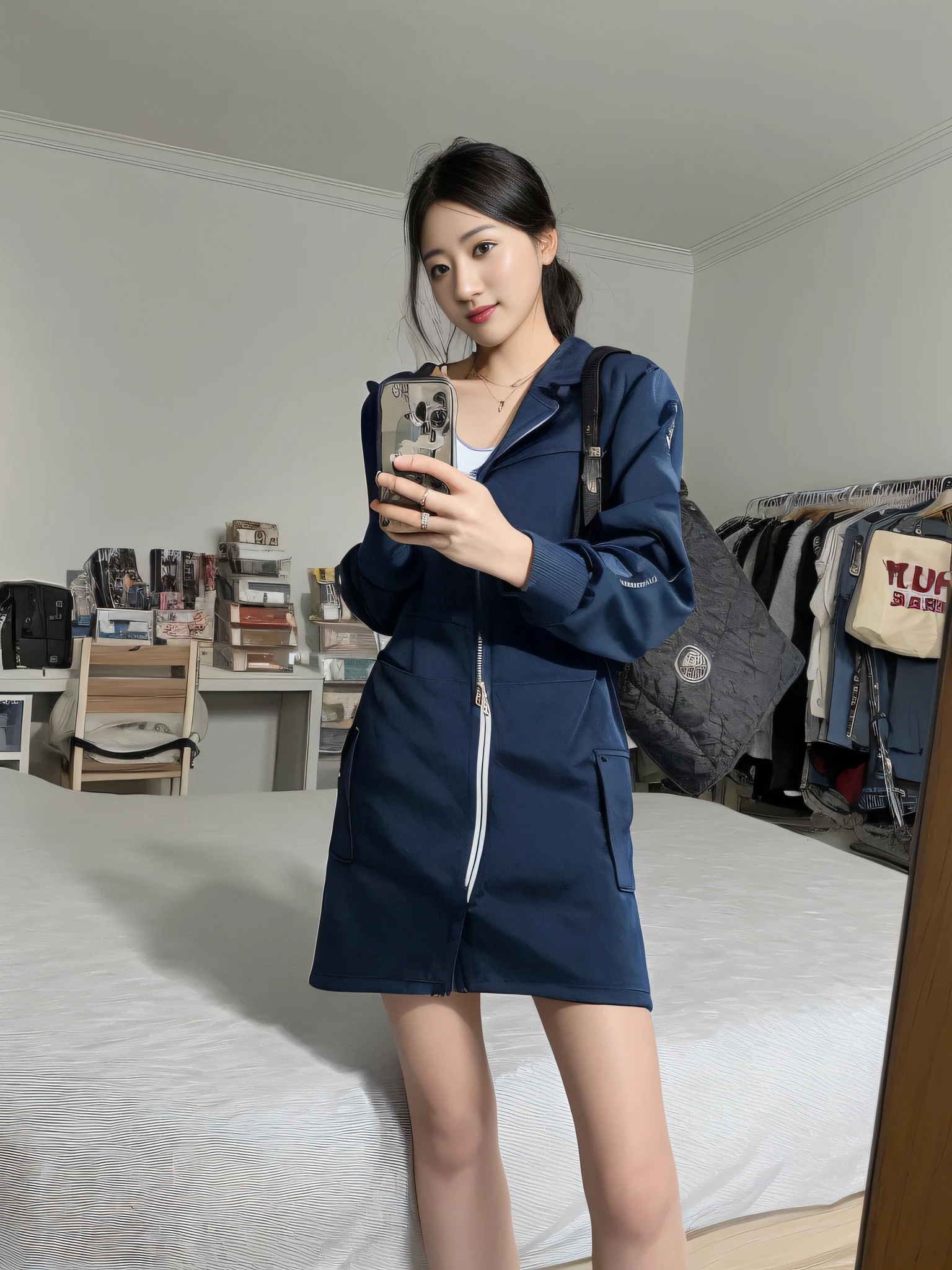 arafed woman in a blue dress and black jacket taking a selfie, with two front pockets, wearing jacket and skirt, 2263539546], 19xx, gemma chen, wearing acne outfit, full length shot, 2 0 2 0 fashion, she is wearing streetwear, 1285445247], navy