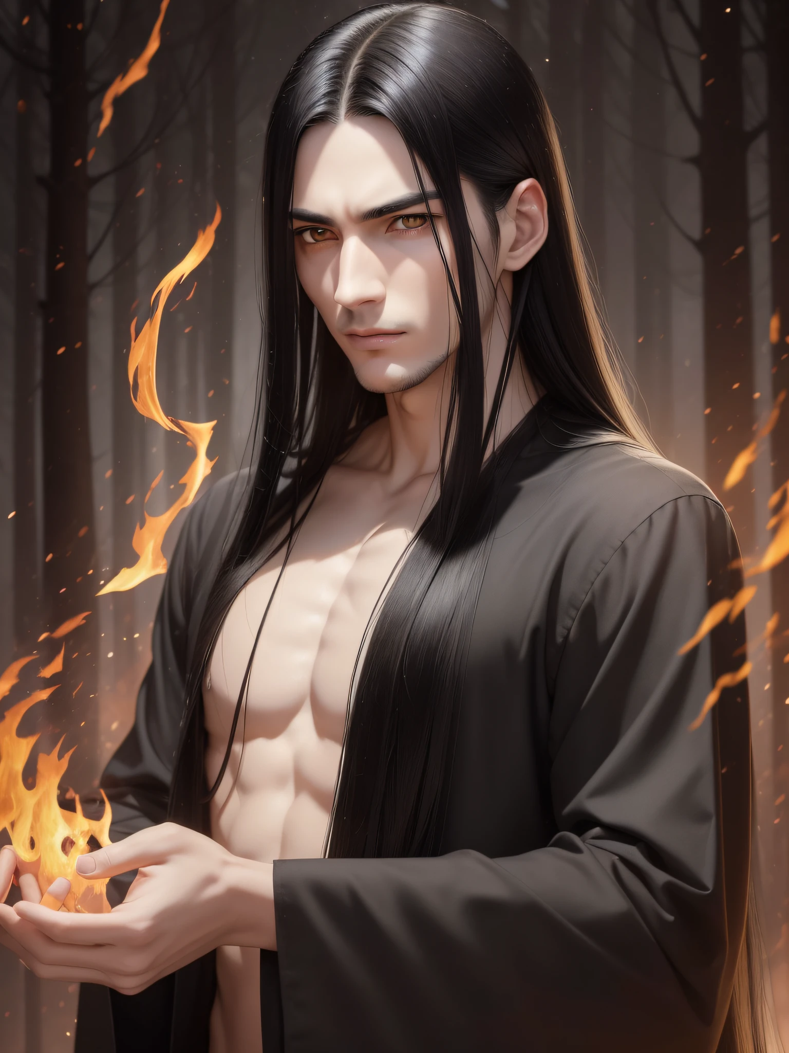 One young man of 30 years old with a thin body with long black straight hair and yellow eyes in old-style black long clothes releases fire from his fingers, a serious concentrated expression on his face, thin eyebrows brought together, long eyelashes, a beautiful thin face, a straight nose, large eyes, full growth, the background of the night burning forest with fire