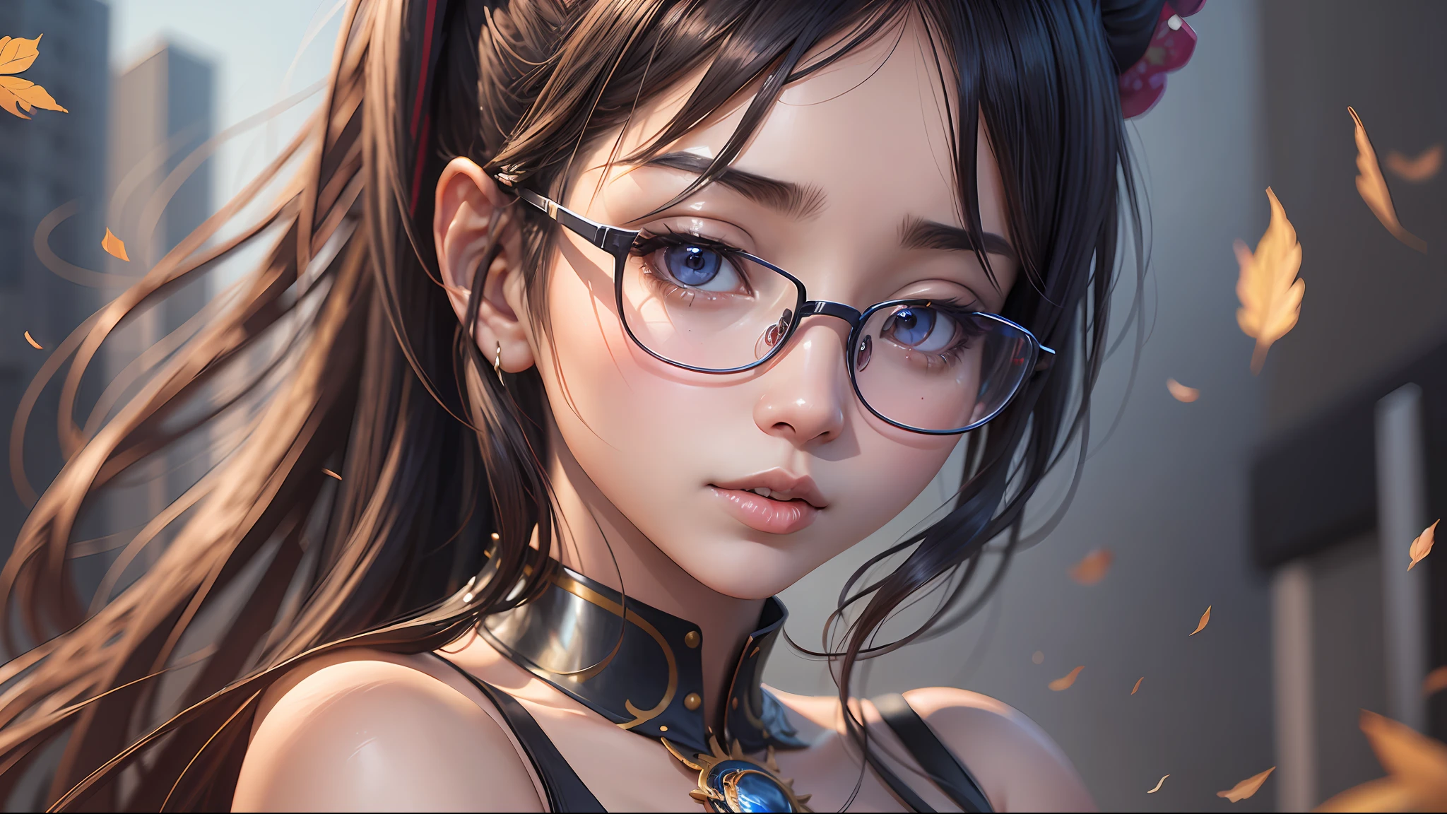  asian anime girl, wearing glasses, wearing strapless bra, busty chest, upper body, art in Guvez style, Guwiz, 8k high quality detail art, Guwiz masterpiece, 8k portrait rendering, beautiful fantasy queen, popular on CGSTATION, realistic anime girl rendering, best art station for fan art, 3 d rendered character art 8k --auto --s2