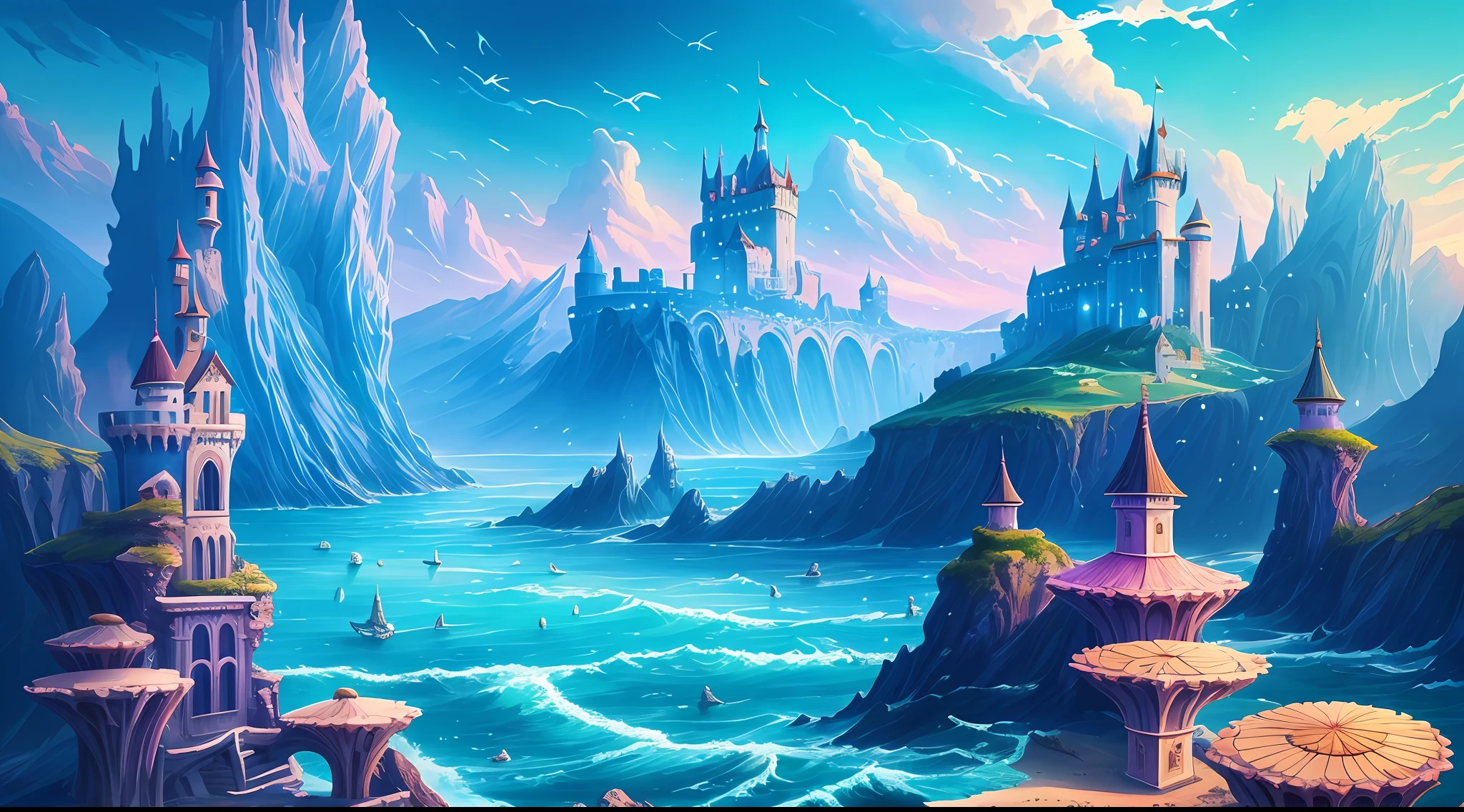 painting of a castle in the middle of a sea with a sky background, painting of a dreamscape, detailed dreamscape, inspired by Cyril Rolando, cyril rolando and m. w kaluta, cyril rolando and m.w kaluta, intricate digital painting, dreamy art, 4k highly detailed digital art, surrealistic painting, whimsical fantasy landscape art --auto --s2