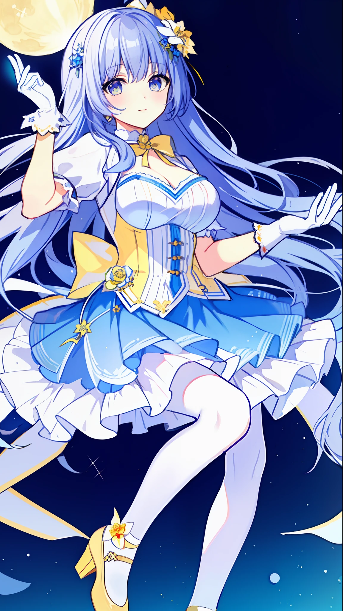 Left-facing, ((((Masterpiece)))), (((Best Quality))), (((Very Detailed))), Detailed Fingers, Illustration, 1 Girl, Solo, Long Sky Blue Hair, Violet Colored Eyes, Flower Hair Ornament, White Feather Hair Ornament, Yellow Moon Hair Ornament, Wide Open Chest, Large Breasts, Large White Ribbon at the Waist, Yellow Idol Dress, With White Flowers, Choker with Yellow Ribbon, White Gloves, White Tights , Yellow Shoes, MIKU, Dynamic Pose,