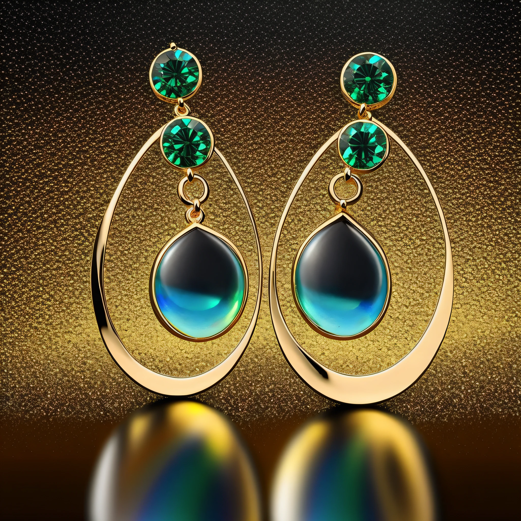 PRECIOUS EARRINGS WITH ELABORATELY CARVED ORNAMENT ON YELLOW GOLD WITH LARGE EMERALDS FRAMED BY SMALL SAPPHIRES, BACKGROUND ON BLACK GLASS LIES THE EARRINGS AND IS REFLECTED IN IT, REFLECTION 50% ATTENUATED, CONTRASTING LIGHT FALLS ON THE EARRINGS AND IS REFLECTED AS IRIDESCENT REFLECTIONS ON THE FACETS OF THE CUT, ULTRA FINE DETAIL, HYPER SHARP, PHOTOREALISTIC, LOOKS EXPENSIVE AND STUNNING, PAINTING, FABULOUS, HIGH RESOLUTION 100 MEGAPIXEL
