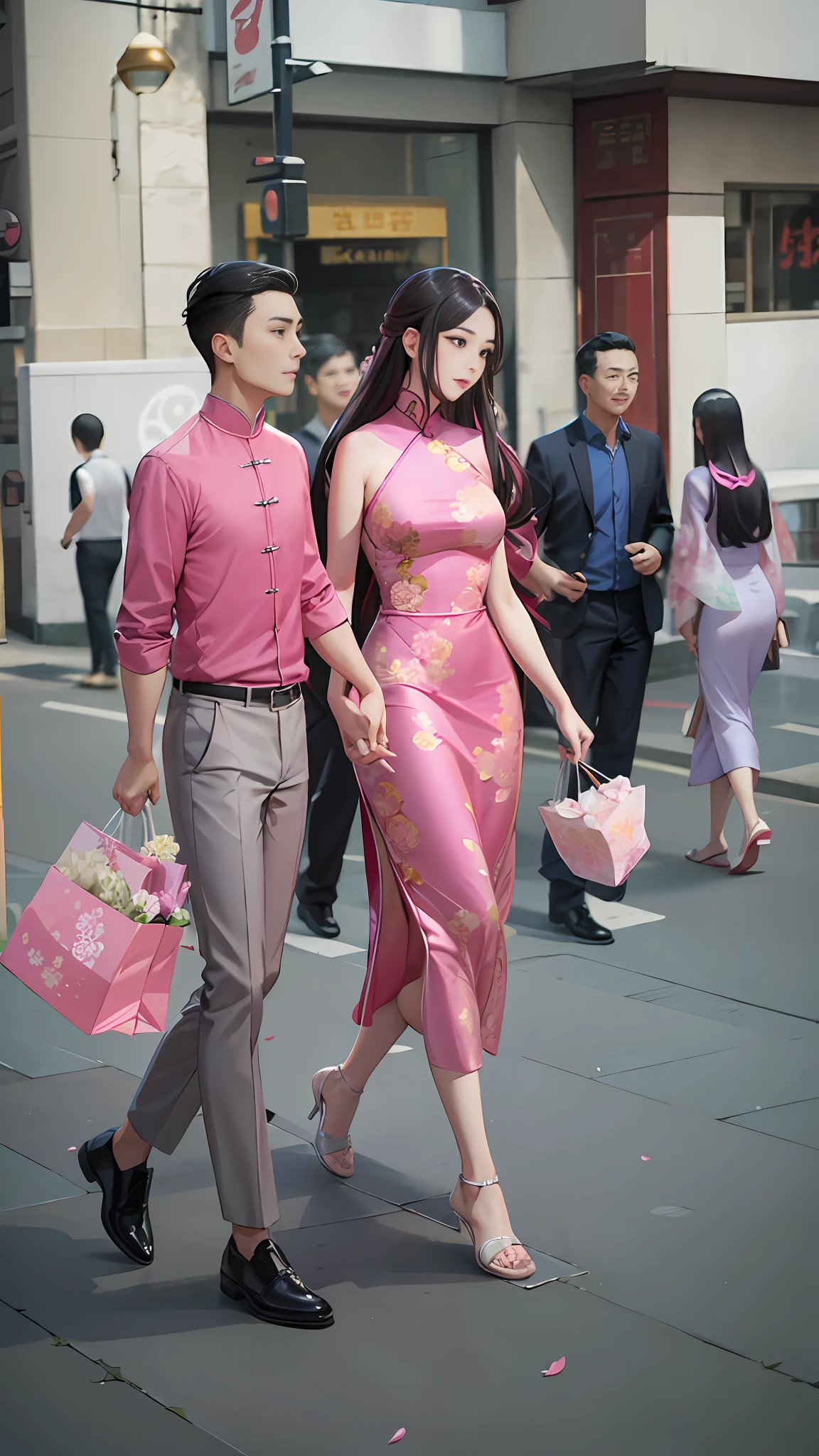 araffes walking down a city street with a man and woman, cheongsam, dressed with long fluent clothes, wearing a long flowery dress, wearing a red cheongsam, wearing pink floral chiton, wearing a long dress, dressed with fluent clothes, wearing pink floral gown, lovely couple, full body xianxia, people shopping, in city street