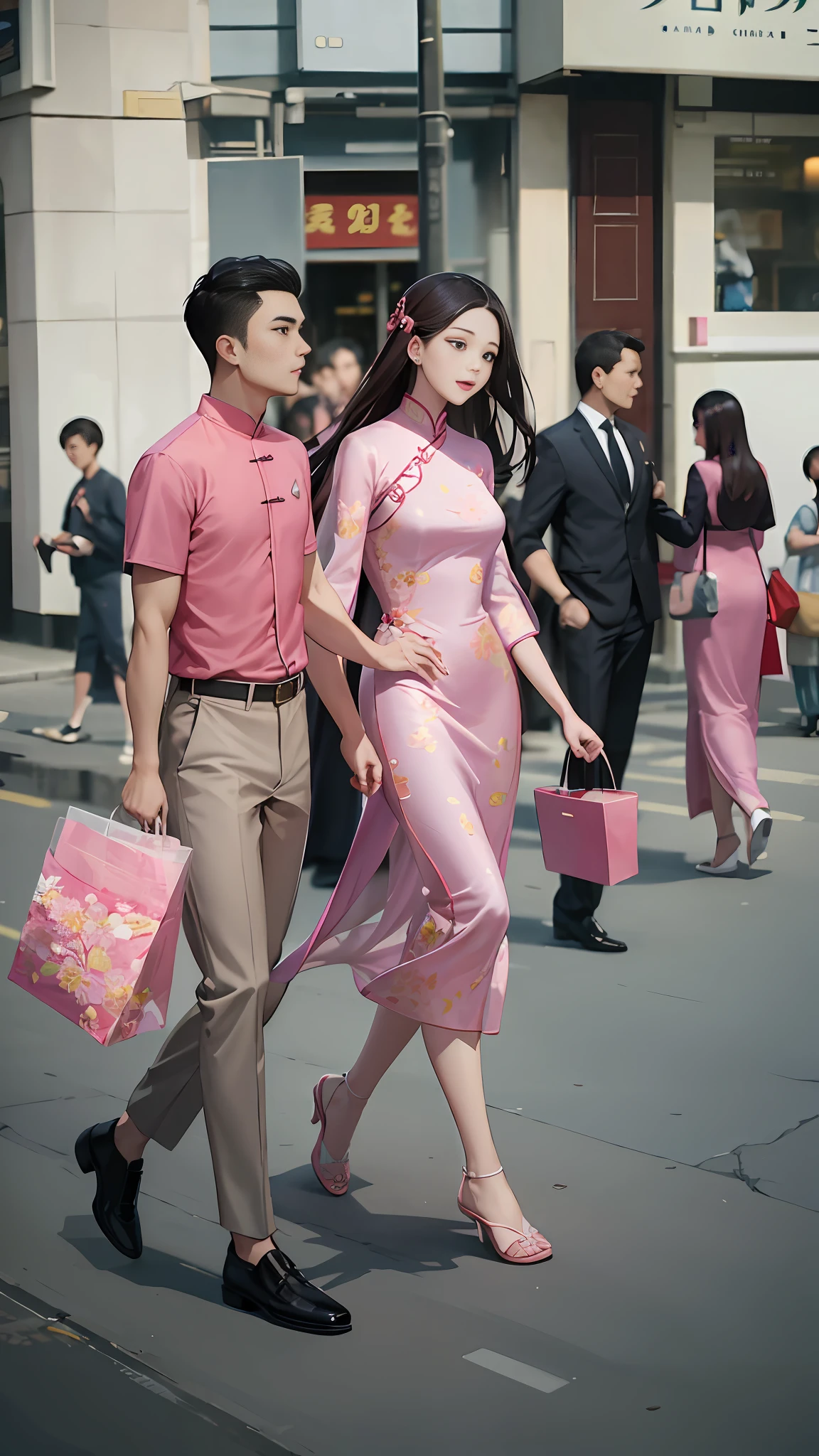 araffes walking down a city street with a man and woman, cheongsam, dressed with long fluent clothes, wearing a long flowery dress, wearing a red cheongsam, wearing pink floral chiton, wearing a long dress, dressed with fluent clothes, wearing pink floral gown, lovely couple, full body xianxia, people shopping, in city street