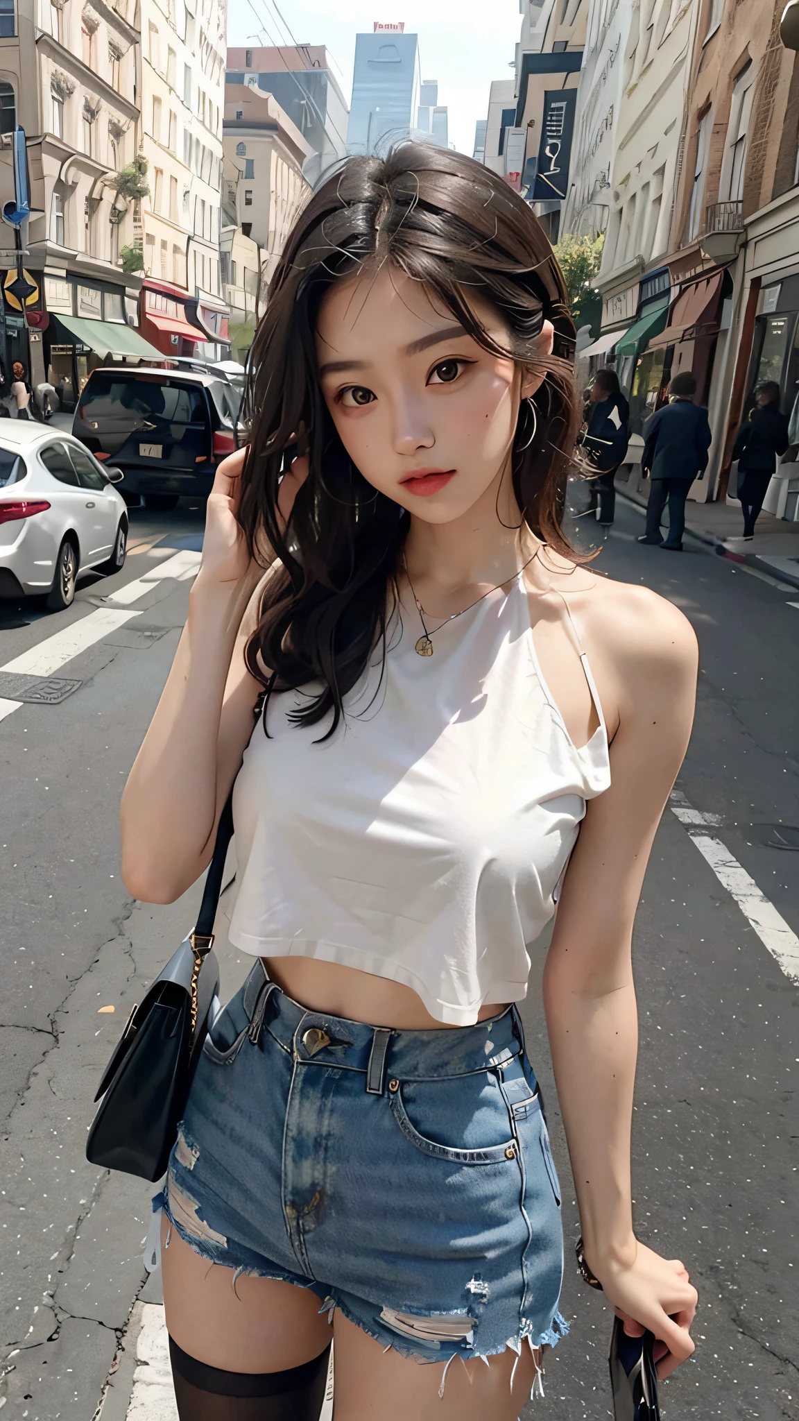 Beautiful woman, fiddling with cell phone in the middle of the street, short clothes
