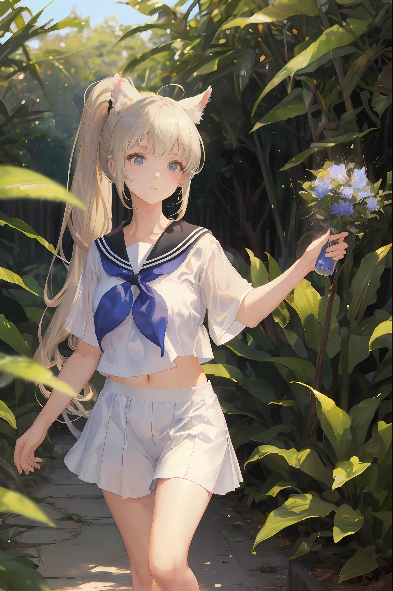 art by Cornflower, dreamy, (masterpiece, best quality, perfect anatomy, beautiful face, realistic, ultra detailed,1girl,18ears old,solo,depth of field,Canon 24mm Lens,f1.4,cute_girl,sailor_ collar, clear facial features, short sleeves, large breasts, thin stature, height 170, barefoot, double ponytail, bangs, gravure pose, outdoor, jungle, blurred background, (uwabaki: 1.1576))