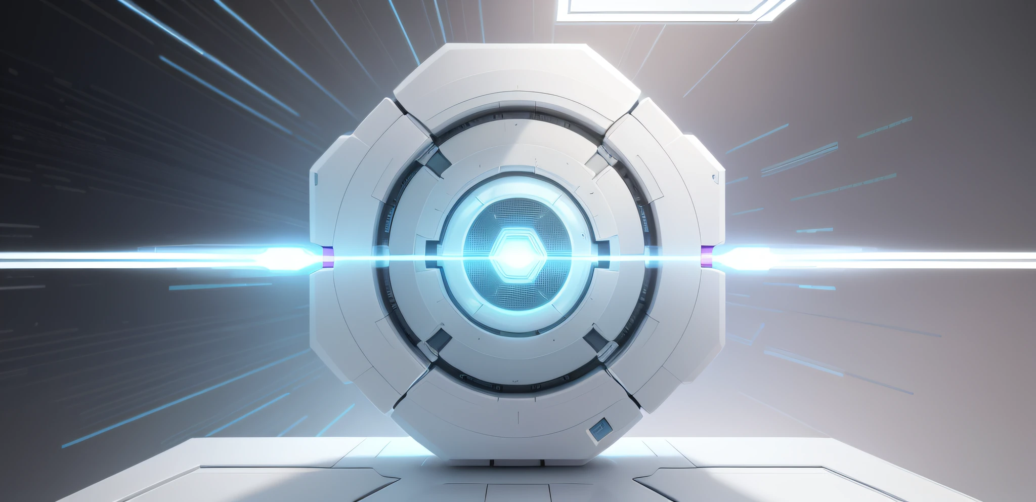 Wide and grand white futuristic AI square, white, high-tech shield suspended in the middle, vista, empty, light signal, circuit, transparent glass texture, 3D, bright white background, overlook, dot perspective, light technology, masterpiece, high detail, best quality, high quality, very detailed CG unity 8k wallpaper, Unreal Engine rendering,