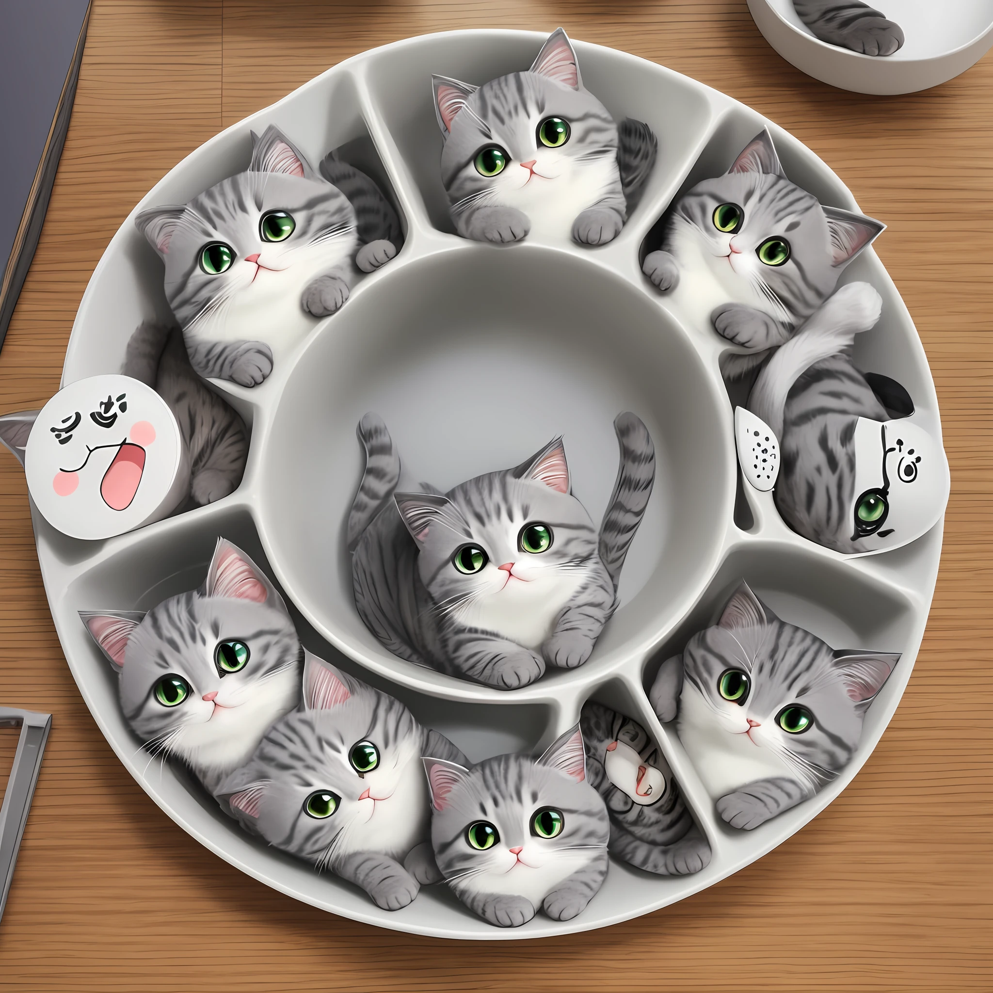 Close-up of 8 cats with different expressions, fat chibi gray cat, kawaii cat, poson style. manga, cute cat, cute pictogram plasma, cat cat dream cat, elf table, cat cat dream cat, full of expressions, --auto --s2