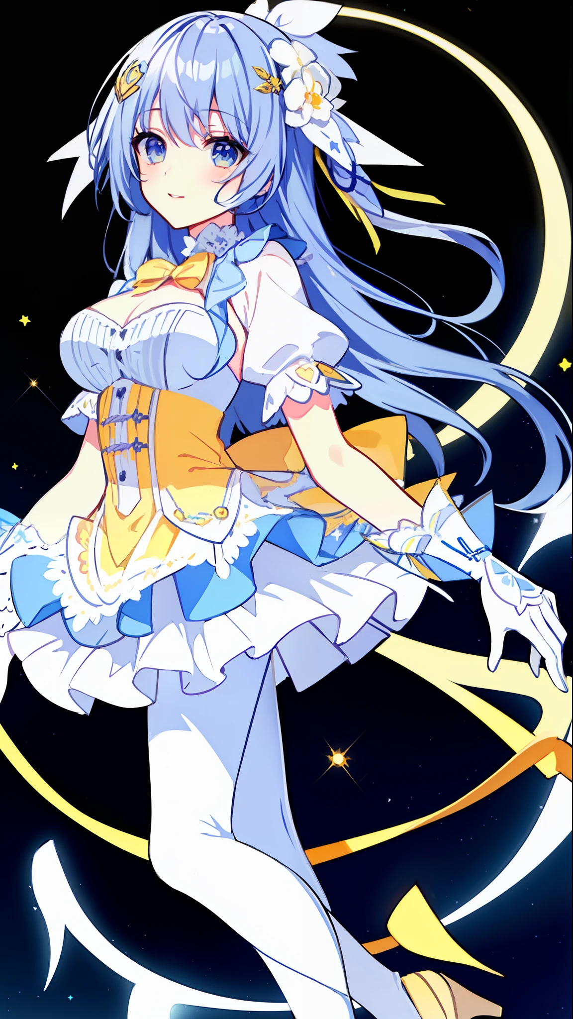 Left-facing, ((((Masterpiece)))), (((Best Quality))), (((Very Detailed))), Detailed Fingers, Illustration, 1 Girl, Solo, Long Sky Blue Hair, Violet Colored Eyes, Flower Hair Ornament, White Feather Hair Ornament, Yellow Moon Hair Ornament, Wide Open Chest, Large Breasts, Large White Ribbon at the Waist, Yellow Idol Dress, With White Flowers, Choker with Yellow Ribbon, White Gloves, White Tights , Yellow Shoes, MIKU, Dynamic Pose,