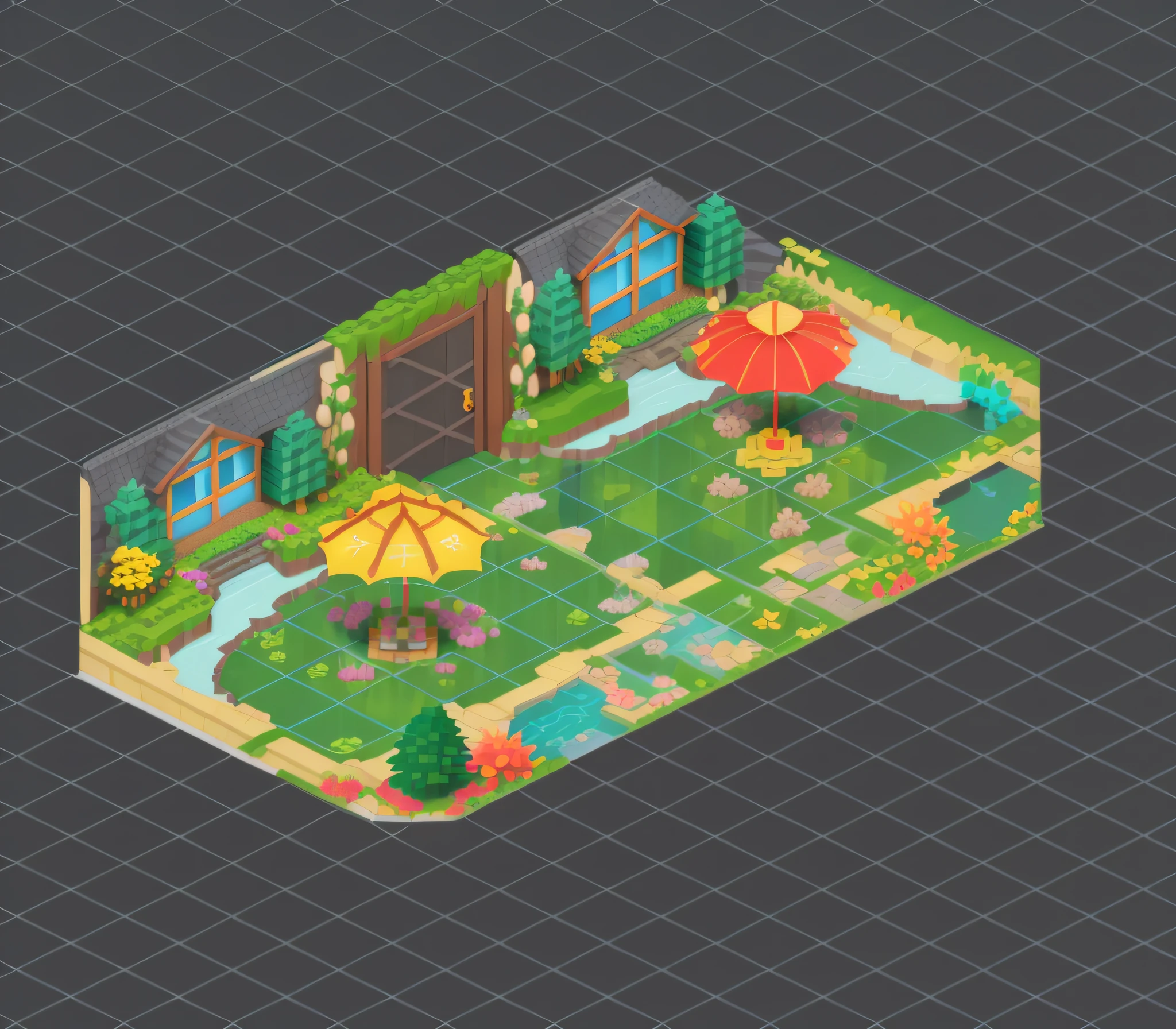 a cartoon style illustration of a garden with a pond and umbrellas, isometric game asset, isometric 8k, isometric 3d fantasy, isometric invironment, isometric game, isometric game art, isometric 3d fantasy cute house, beautiful isometric garden, isometric view. game rpg, isometric 3d render, isometric voxel