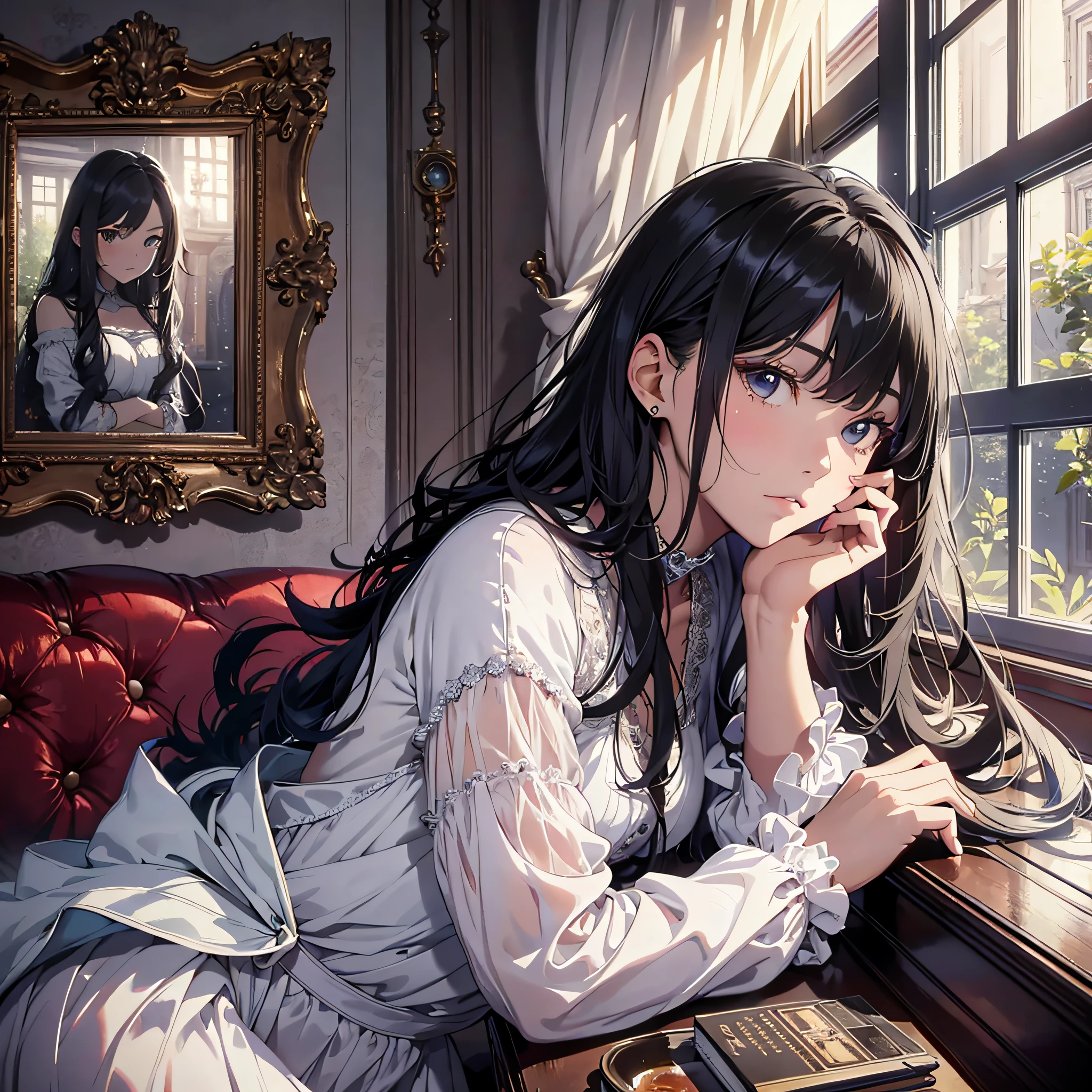 Absurd resolution, high resolution, (masterpiece: 1.4), hyper-detail, ung woman, rich princess, casual black haired young woman, melancholic expression, night, mansion, looking out the window