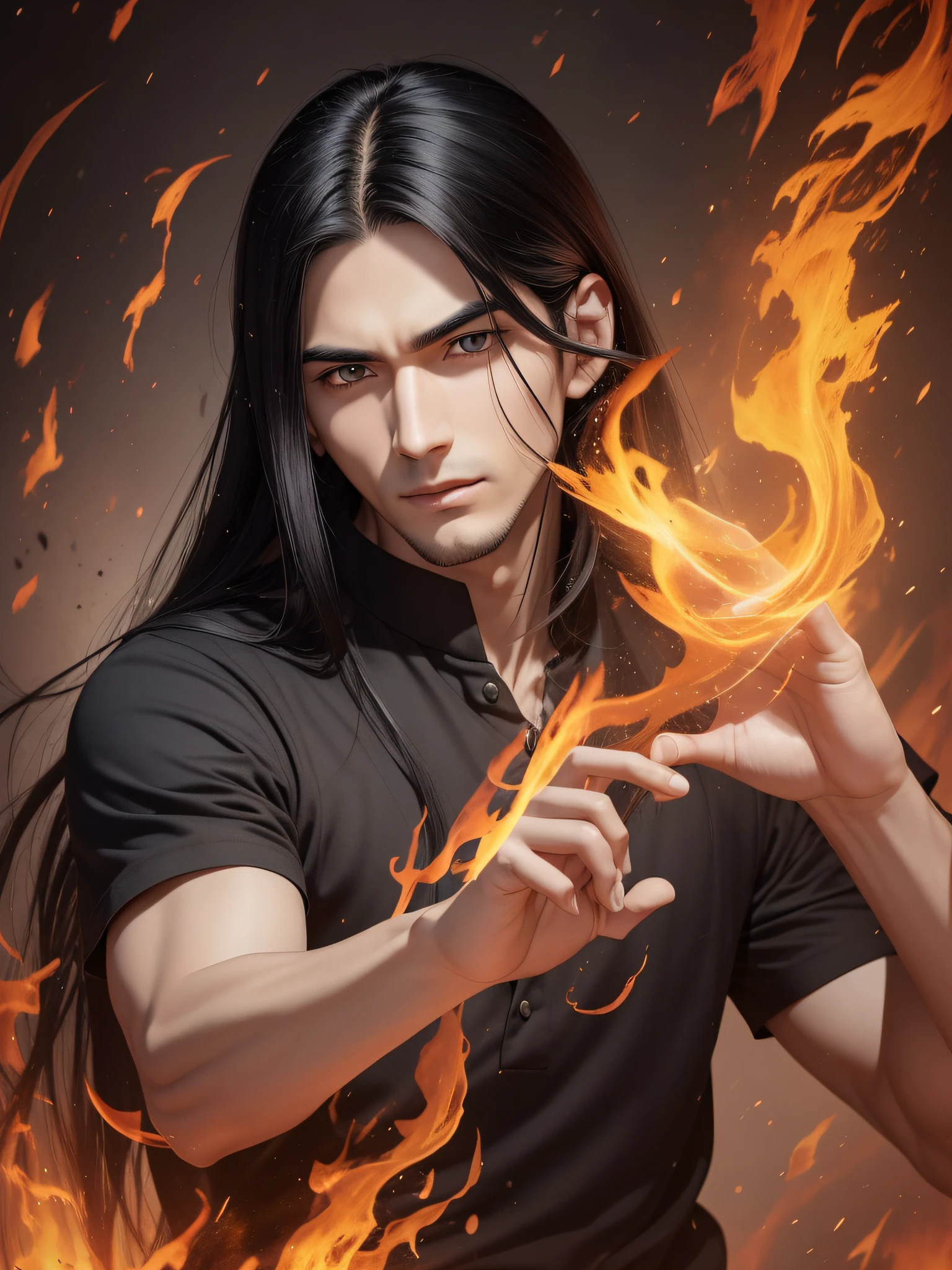 One young man of 30 years old with a thin body with long black straight hair and yellow eyes in the old style of black long clothes in full growth throws fire from his fingers, a serious concentrated expression on his face, thin eyebrows brought together, long eyelashes, a beautiful serious thin face, a straight nose, large eyes, full growth, the background of the night burning forest