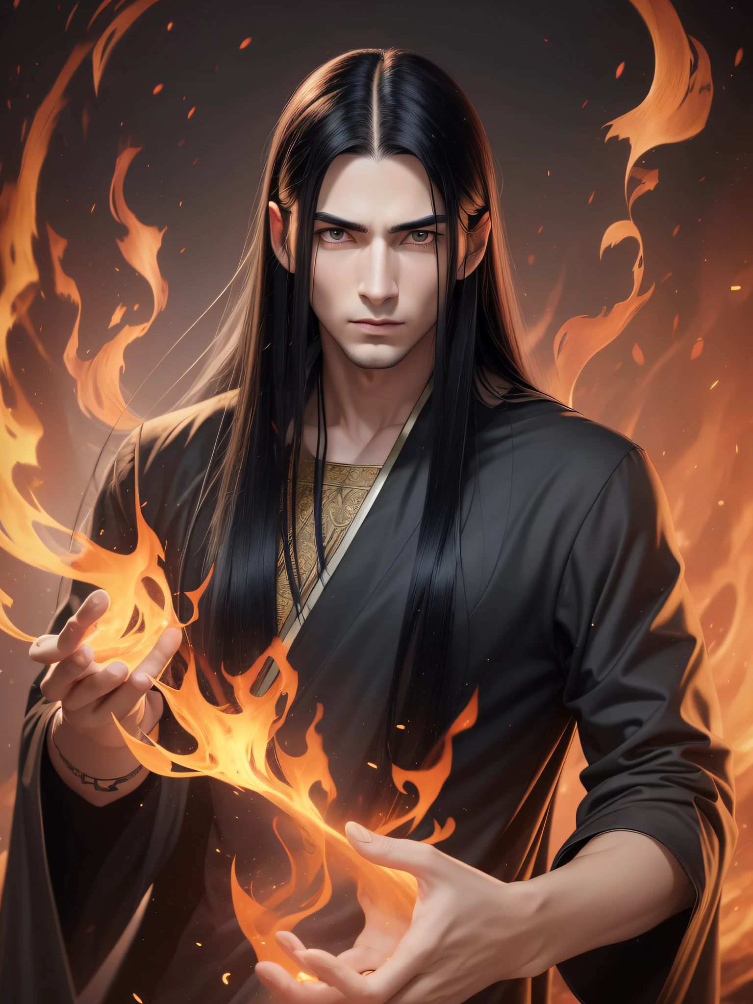 One young man of 30 years old with a thin body with long black straight hair and yellow eyes in the old style of black long clothes in full growth throws fire from his fingers, a serious concentrated expression on his face, thin eyebrows brought together, long eyelashes, a beautiful serious thin face, a straight nose, large eyes, full growth, the background of the night burning forest