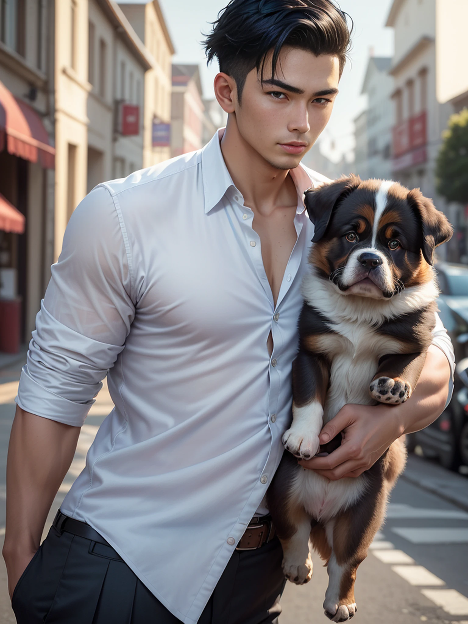 Best Quality, Masterpiece, (photorealistic:1.4), Raw Photo, Handsome Young Man, Asian, 1 person, black hair, undercut, straight hair, with bangs brushed on the sides, slightly showing off forehead,shaved (night town background), Holding a cute St. Bernard puppy, wearing a dark blue suit over a white round neck shirt and dark blue trousers, no tie.
