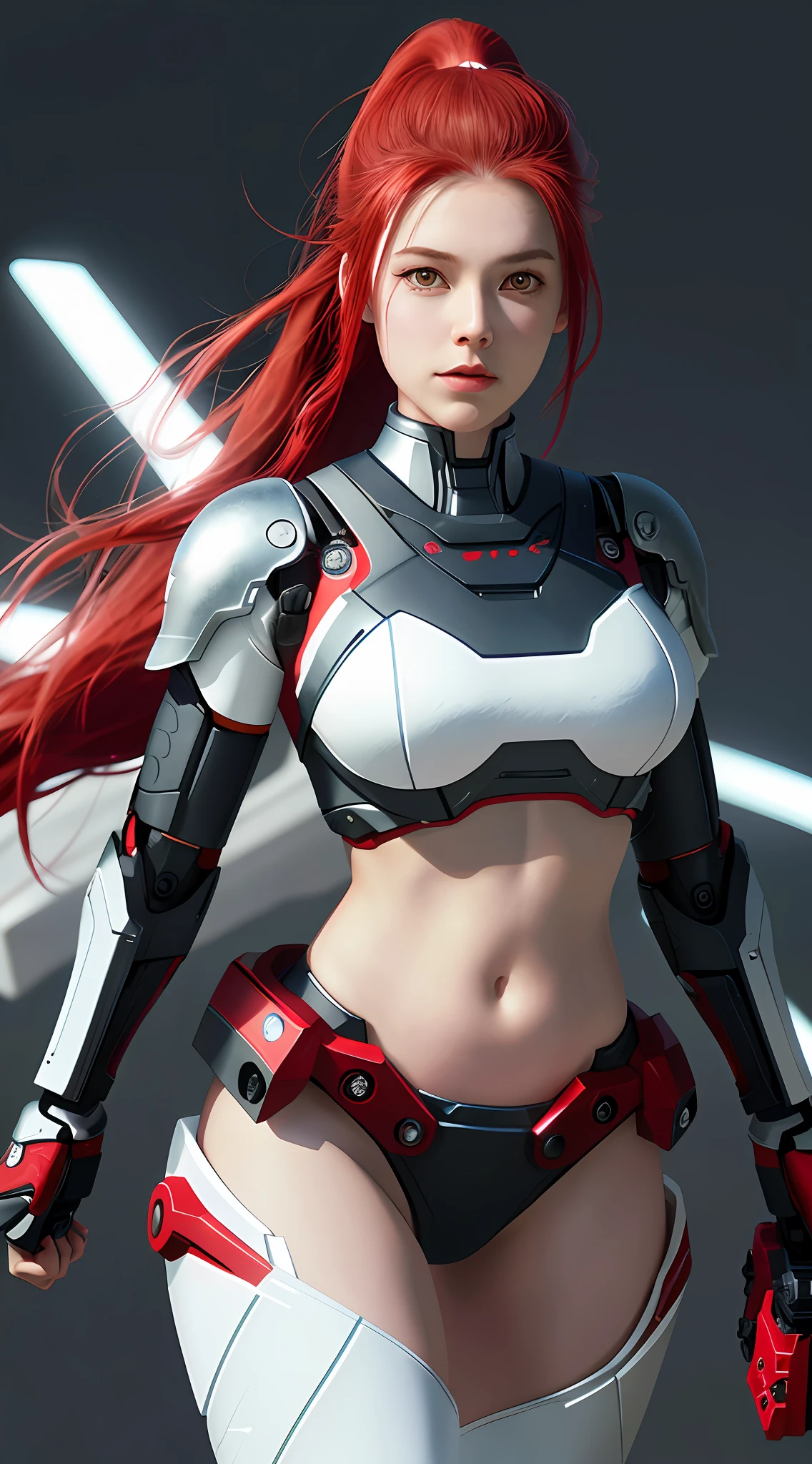 young girl, perfect body, perfect boobs, perfect thighs, thick body, red eyes, long red ponytail hair, wearing cyborg armors, white and red mixture armors, exposed belly, exposed thighs, 4.5 head to mid thigh, eye level camera angle, standing in attention, holding cyborg pistol gun, true front view, no tilting head and body, id photo, realistic, digital, dark lighting, scientific laboratory background, hd, 8k,