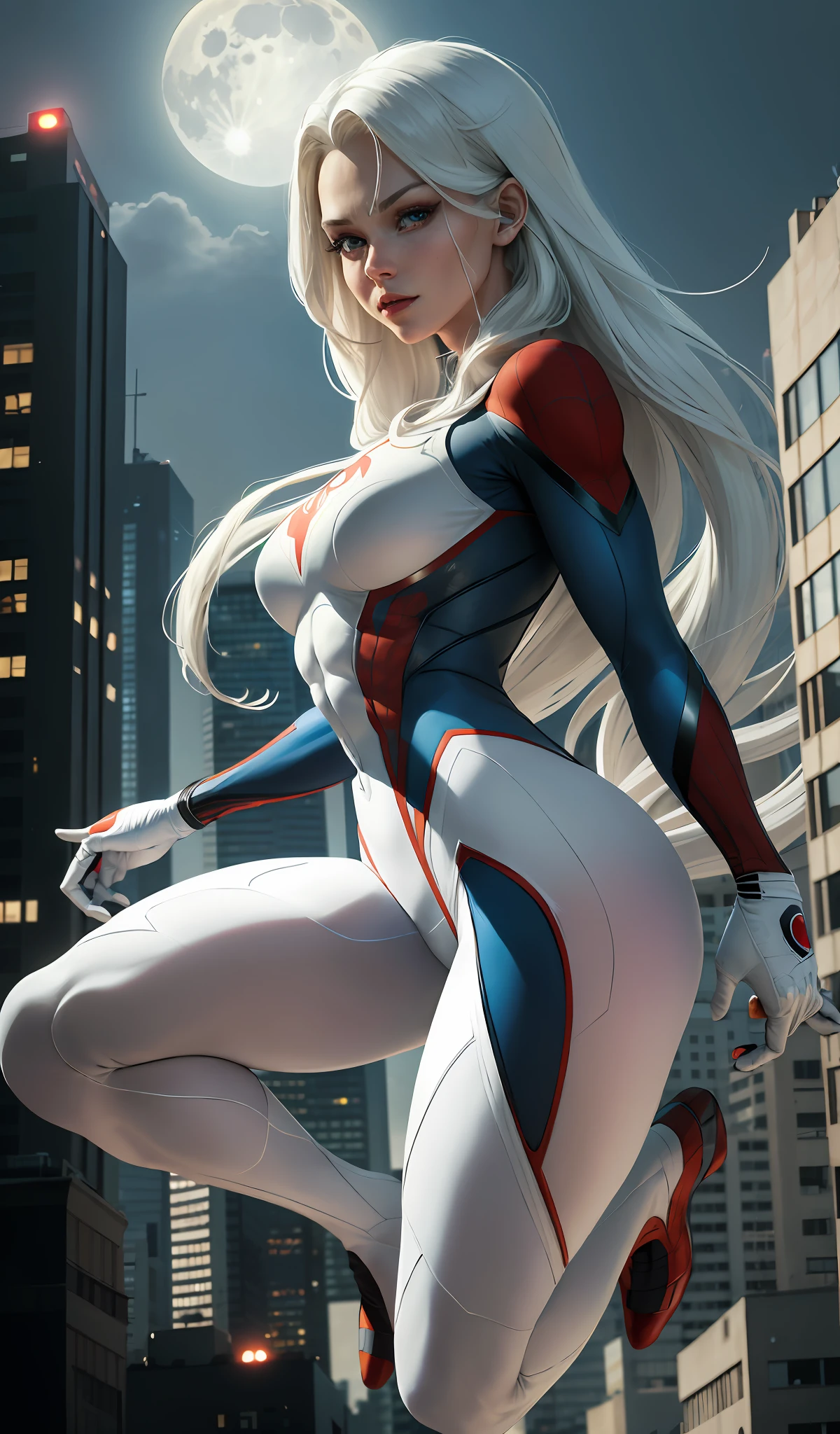 (Masterpiece, 4k resolution, ultra-realistic, very detailed), (White superhero theme, charismatic, there's a girl on top of town, wearing Spider-Man costume, she's a superhero), [ ((25 years), (long white hair:1.2), full body, (blue eyes:1.2), ((Spider-Man pose),show of strength, jumping from one building to another), ((sandy urban environment):0.8)| (cityscape, at night, dynamic lights), (full moon))] # Explanation: The Prompt mainly describes a 4K painting of ultra-high definition, very realistic, very detailed. It shows a superheroine at the top of the city, wearing a Spider-Man costume. The theme in the painting is a white superhero theme, the female protagonist has long white hair, is 25 years old and her entire body is shown in the painting. In terms of portraying the actions of superheroines, spiders are employed