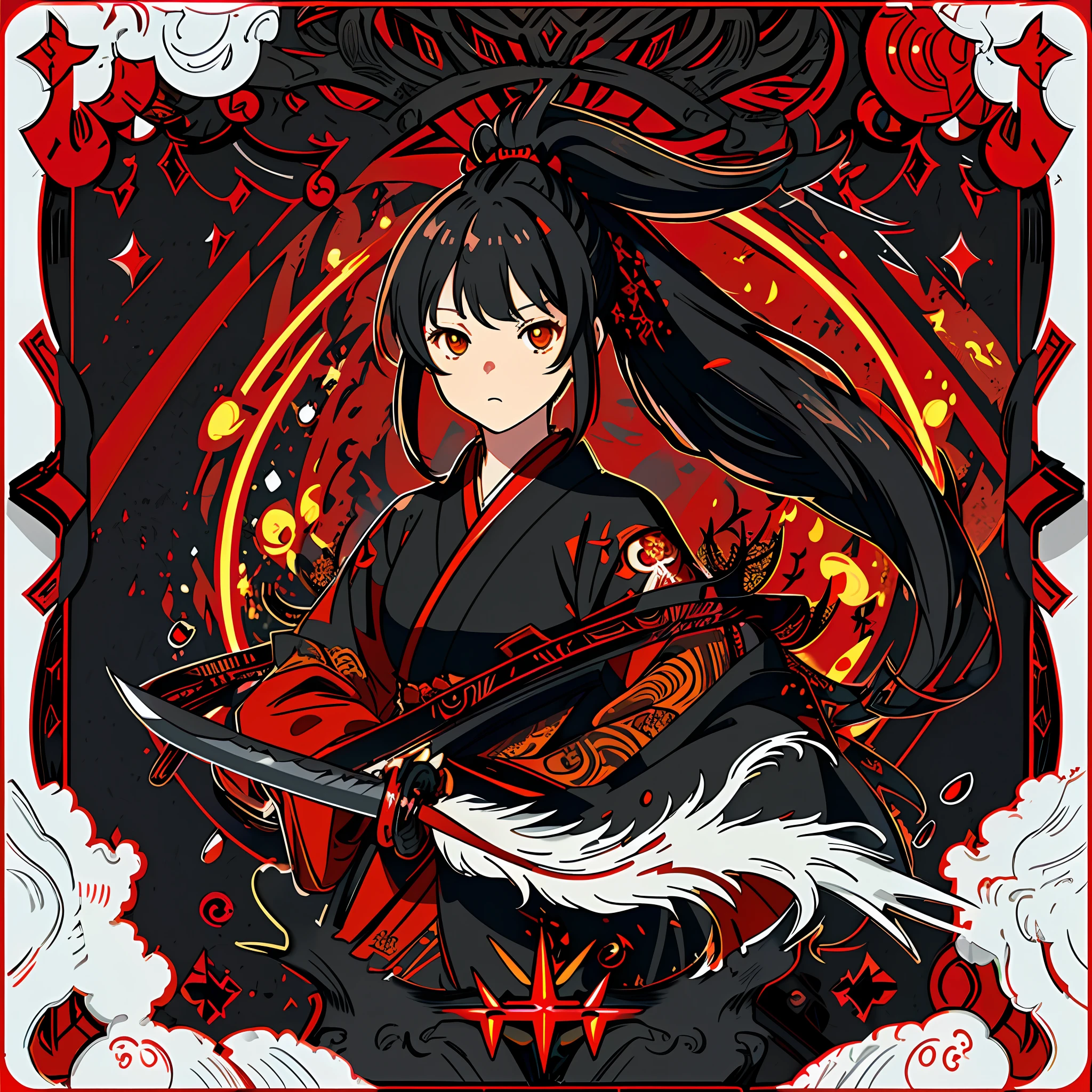 masterpiece,best quality,ultra-detailed,very detailed illustrations,extremely detailed,intricate details,high res,super complex details,extremely detailed 8k cg wallpaper, caustics,reflection,ray tracing, 1girl:1.4), solo, alone, (red_theme:1.3), (black_theme:1.3), (Yokai girl, yellow eyes, black hair, ponytail, Black and red samurai armor, holding the Seven-Branched Sword from Nioh 2)