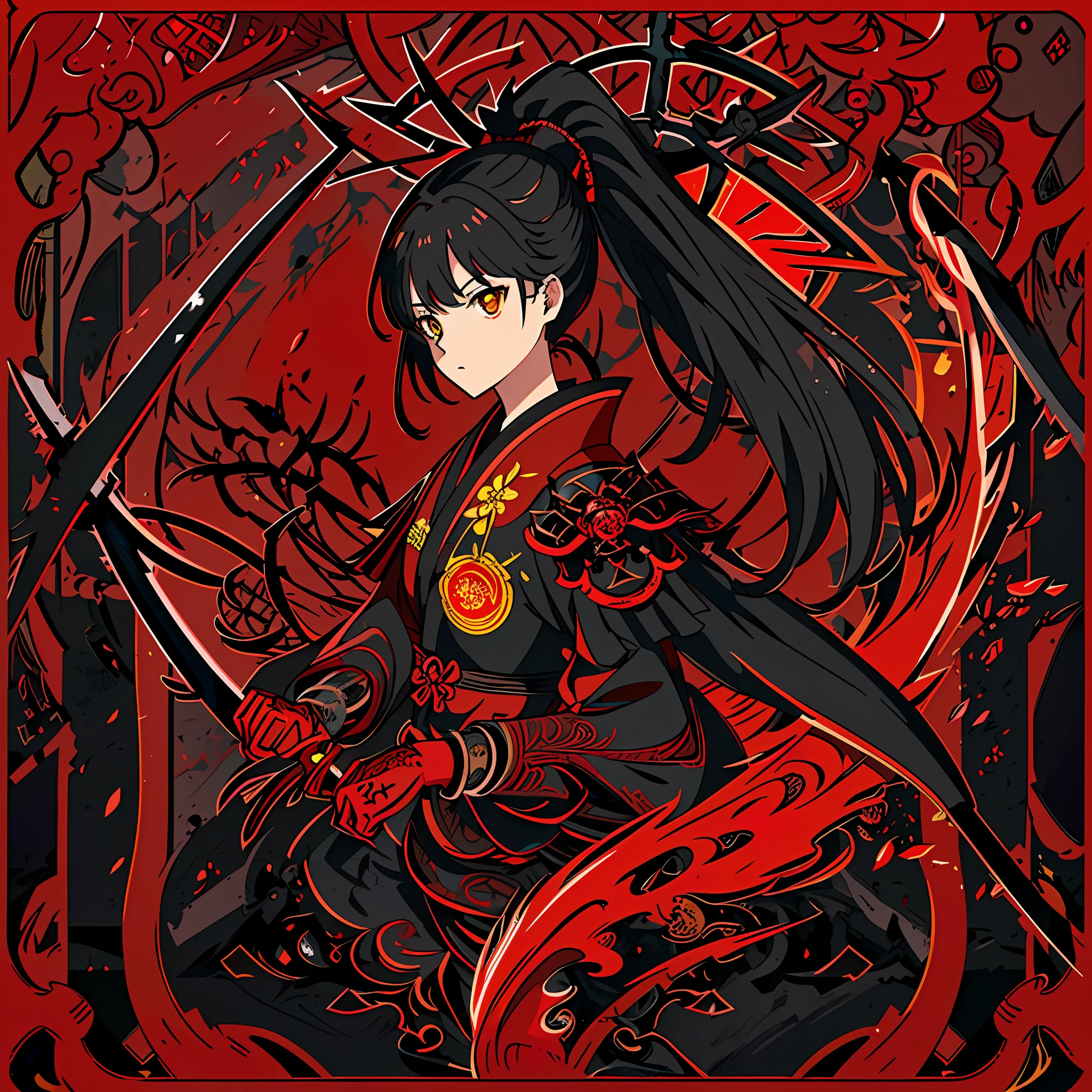 masterpiece,best quality,ultra-detailed,very detailed illustrations,extremely detailed,intricate details,high res,super complex details,extremely detailed 8k cg wallpaper, caustics,reflection,ray tracing, 1girl:1.4), solo, alone, (red_theme:1.3), (black_theme:1.3), (Yokai girl, yellow eyes, black hair, ponytail, Black and red samurai armor, holding the Seven-Branched Sword from Nioh 2)