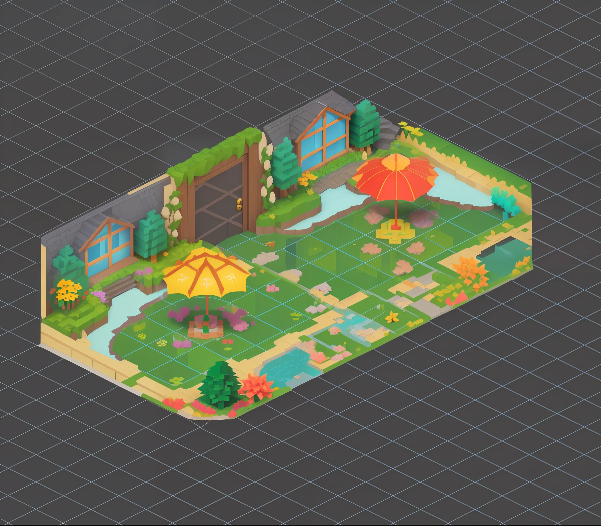 a cartoon style illustration of a garden with a pond and umbrellas, isometric game asset, isometric 8k, isometric 3d fantasy, isometric invironment, isometric game, isometric game art, isometric 3d fantasy cute house, beautiful isometric garden, isometric view. game rpg, isometric 3d render, isometric voxel