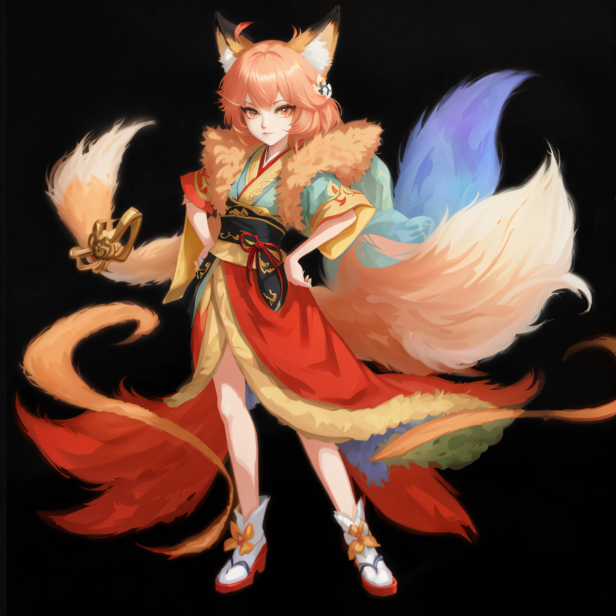 Anime - Style picture of a woman in a red dress, fox letter, fox three-tailed, beautiful fox woman, beautiful fox lady, full body fairy, onmyoji detailed art, Mizuzu, three-tailed fox