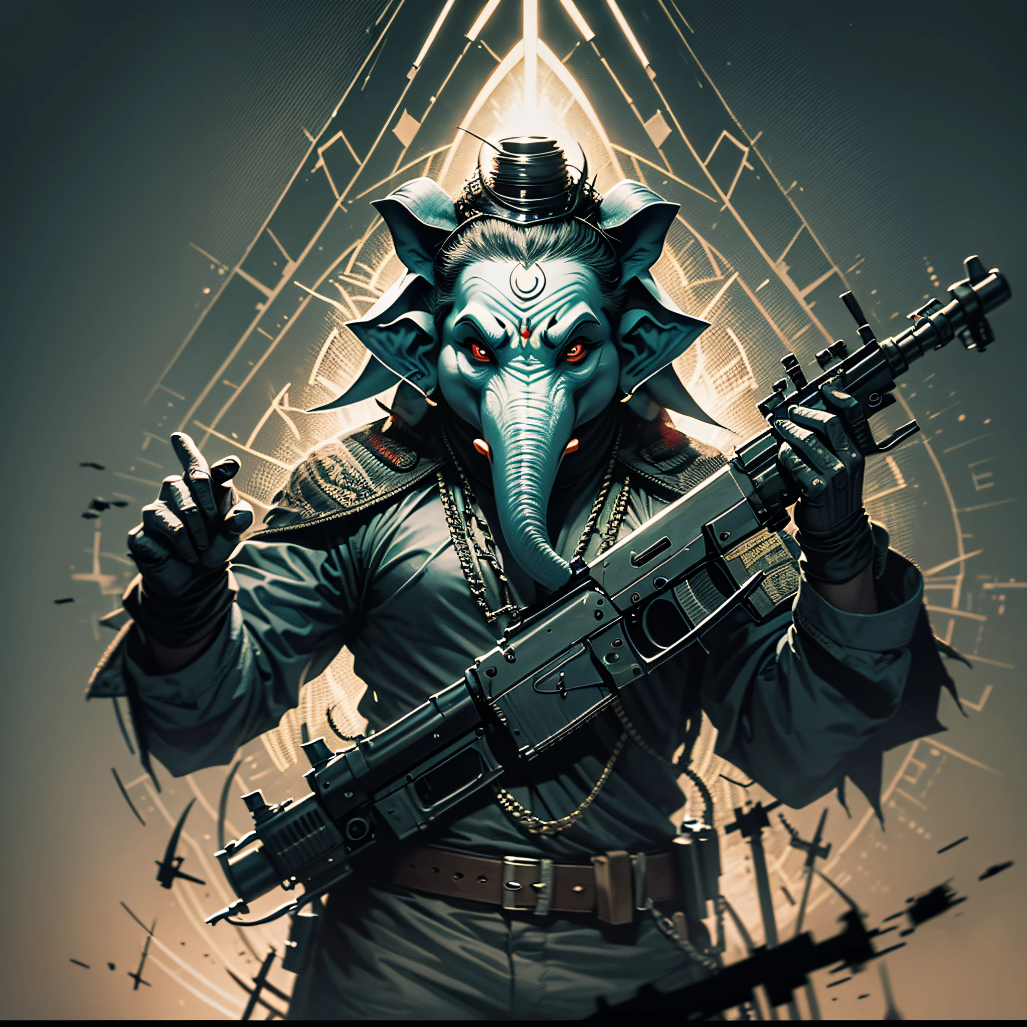 evil gangster ganesha,using ak47,dark art,darkness,obscure,4k --auto --s2