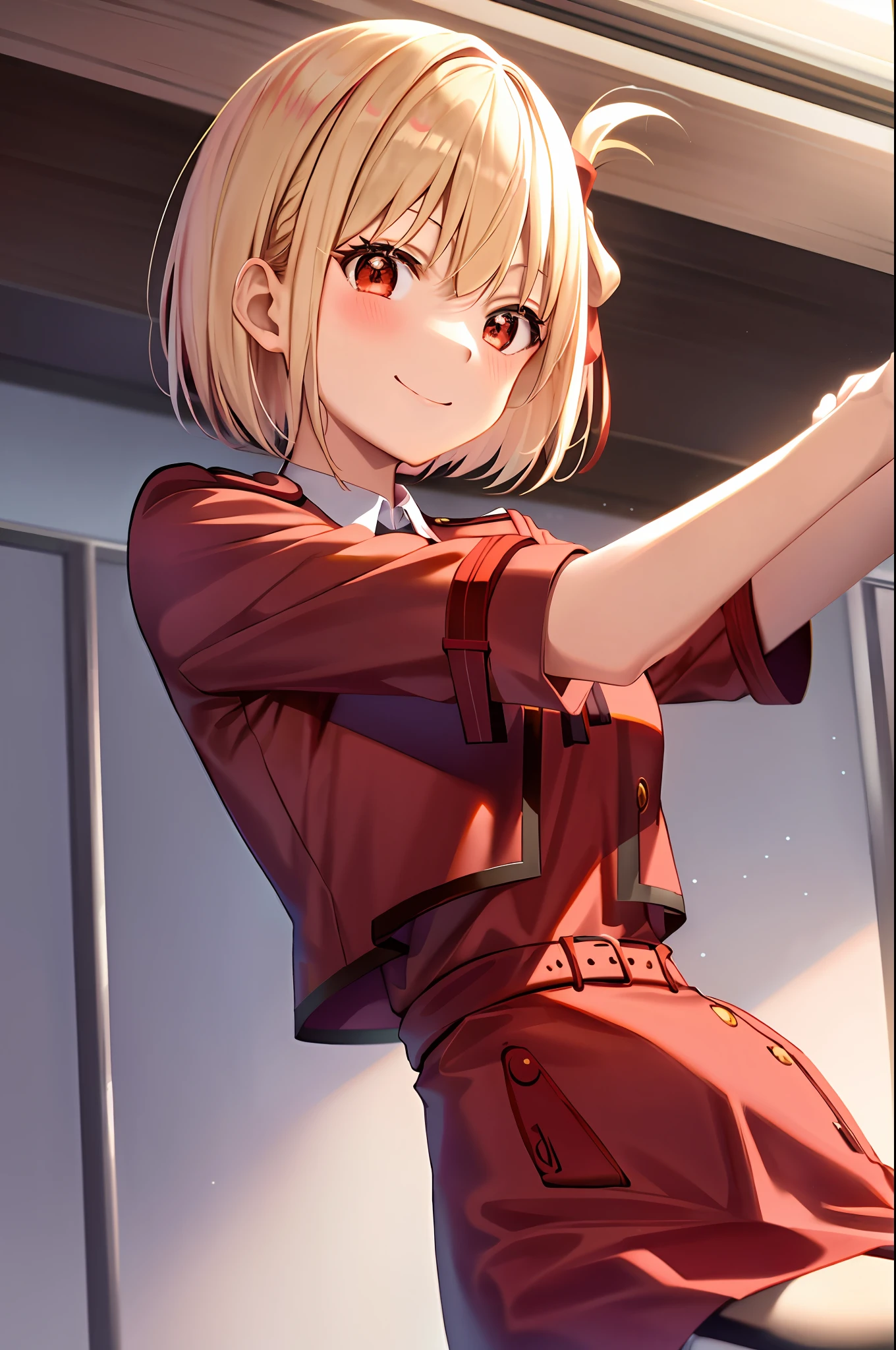 Chisato, 1girl, bangs, indoor, short hair, smile, solo, sit, sexy pose, breast out, red uniform, garter straps, stocking, hands behind, red side ribbon, lyrcoris recoil uniform,