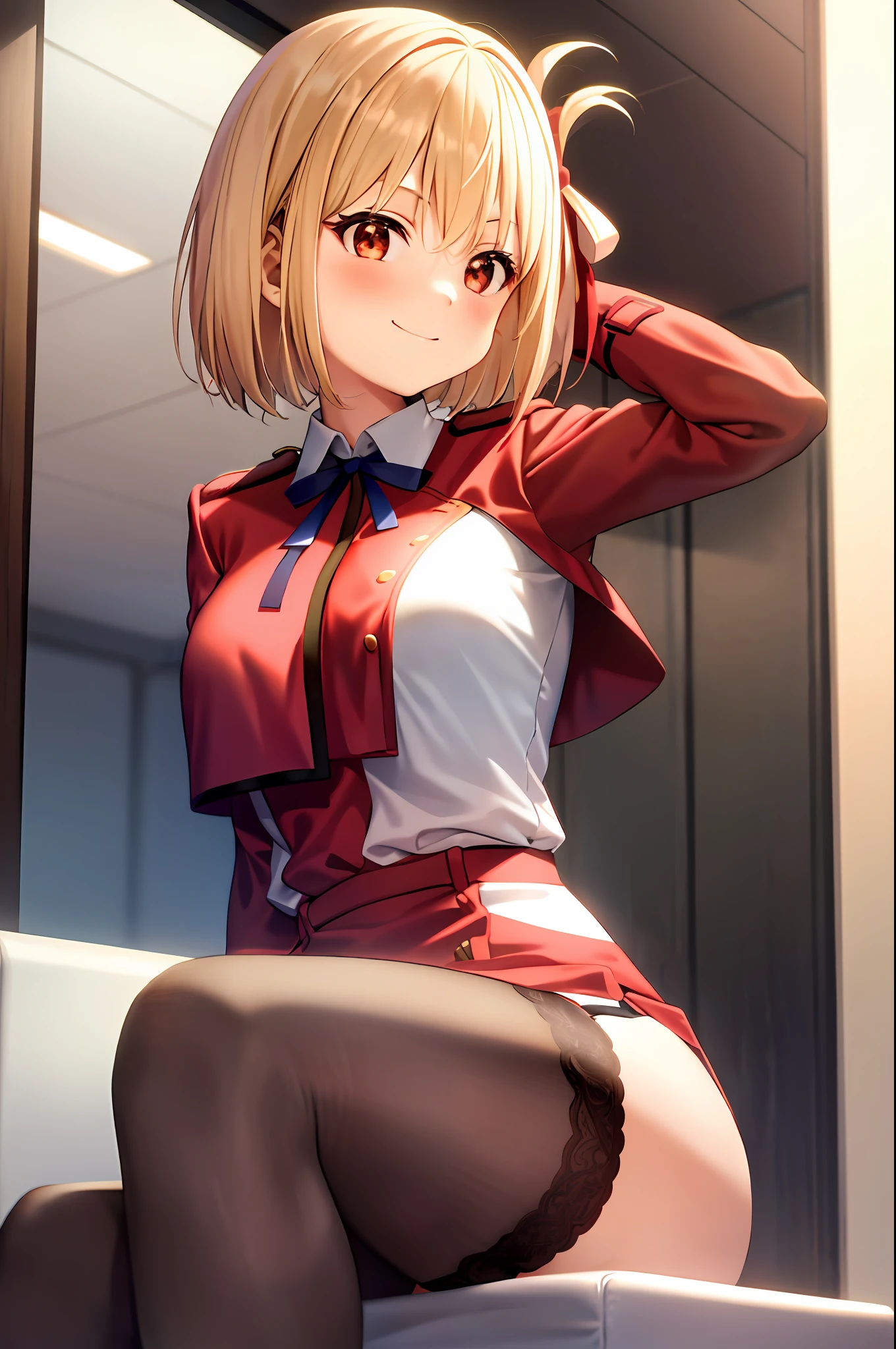 Chisato, 1girl, bangs, indoor, short hair, smile, solo, sit, sexy pose, breast out, red uniform, garter straps, stocking, hands behind, red side ribbon, lyrcoris recoil uniform,