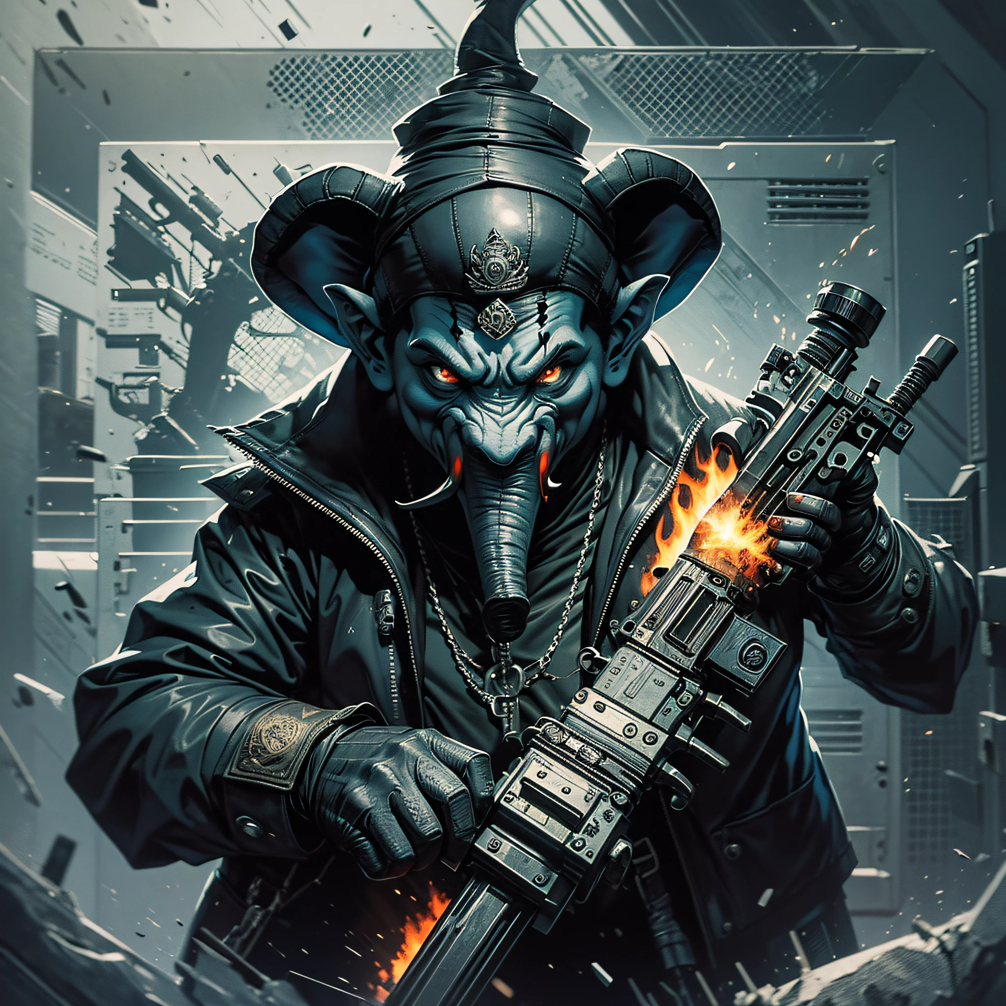 darkness evil gangster ganesha,using ak47,dark art,obscure,4k --auto --s2