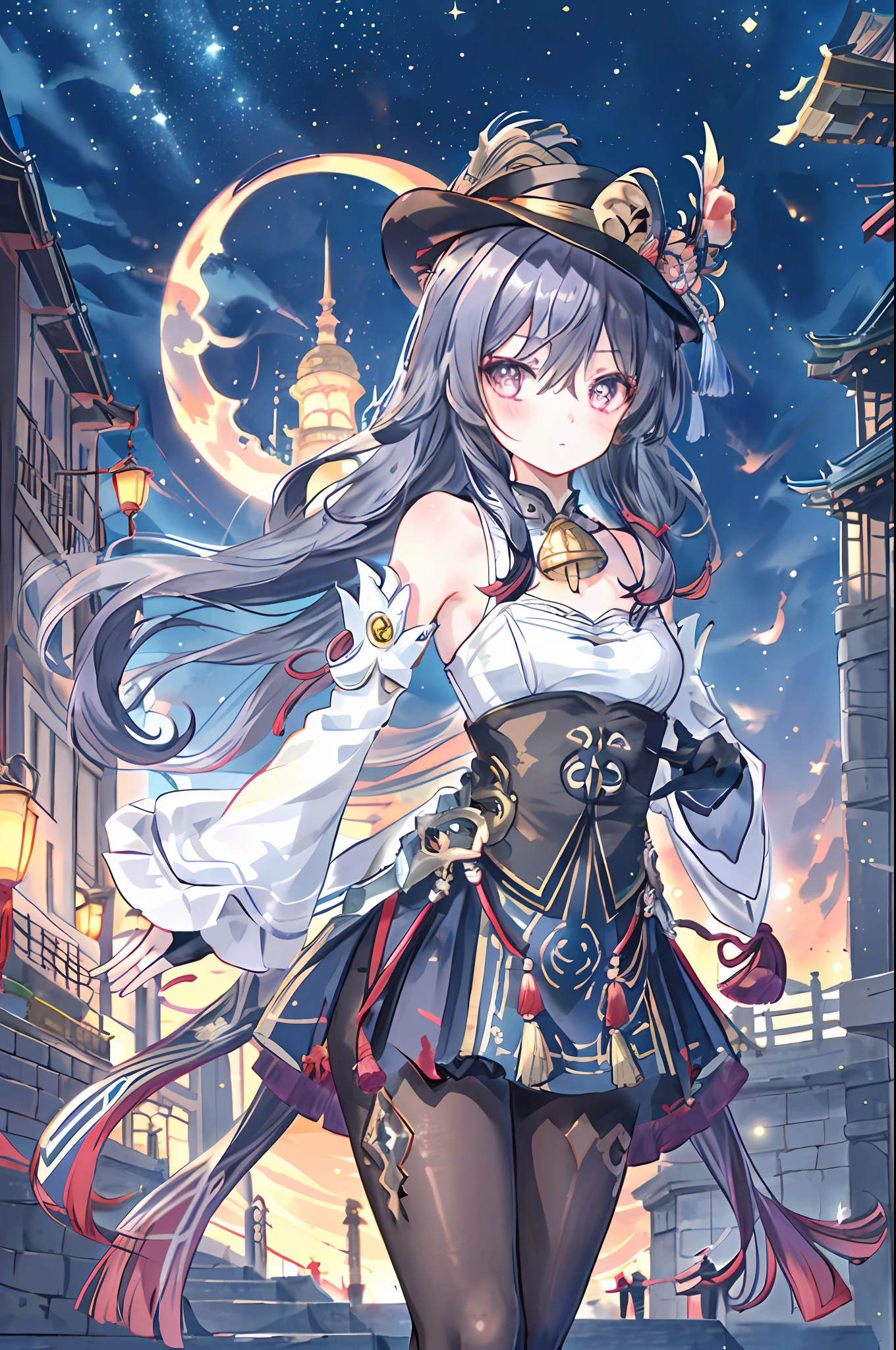 ganyu\(genshin impact\), 1girl, ahoge, architecture, bangs, bare shoulders, bell, black gloves, black tights, ((blue hair), blush, breasts, chinese knot, sleeves, East Asian architecture, flower knot, gloves, long hair, looking at the audience, mid-chest, night, outdoors, pantyhose, purple eyes, sideburns, solo, tassels, white sleeves, ((masterpiece)), ink style, hat