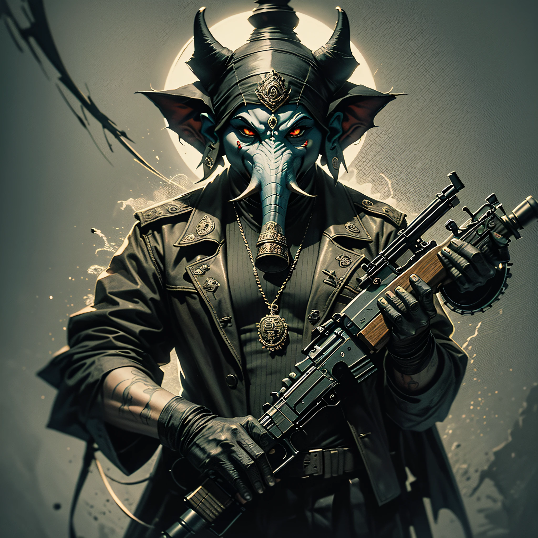 evil gangster ganesha,using ak47,dark art,darkness,obscure,dark background,4k --auto --s2