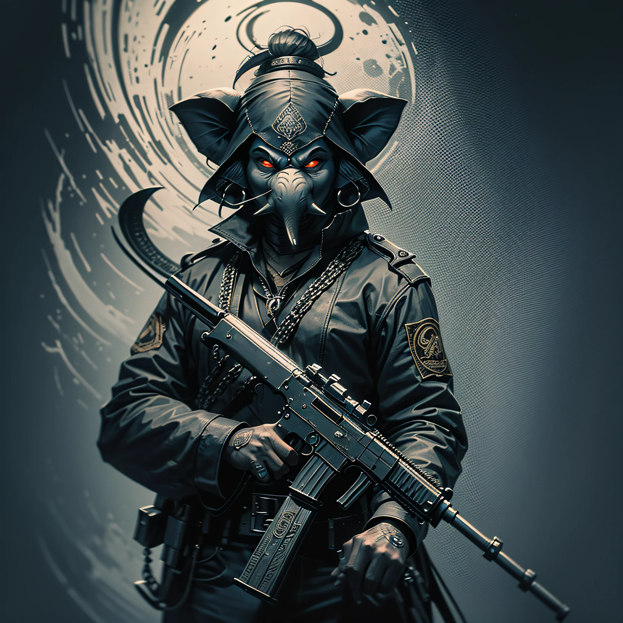 darkness evil gangster ganesha,using ak47,dark art,obscure,dark background,4k --auto --s2