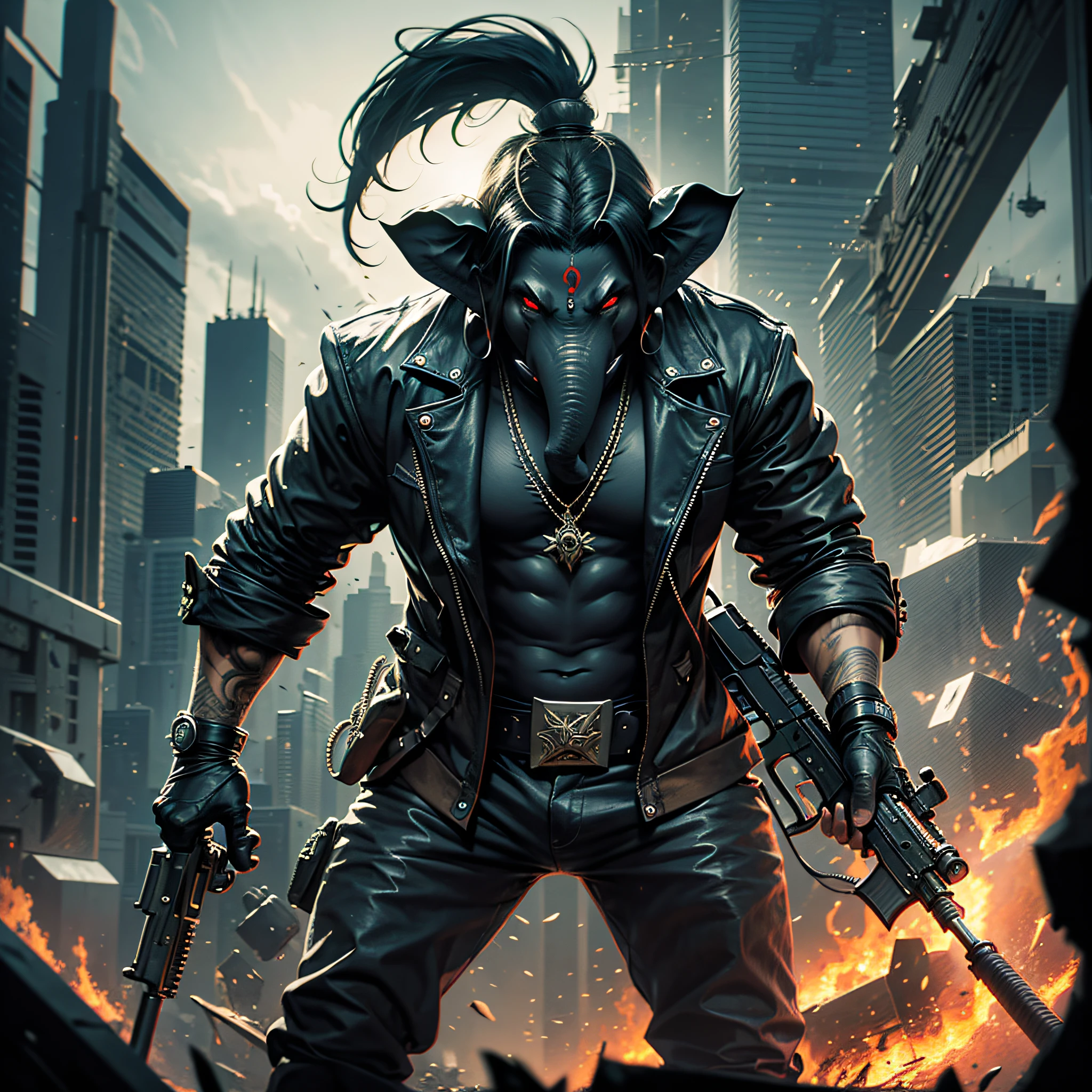 darkness evil gangster ganesha,using ak47,dark art,obscure,dark background,4k --auto --s2