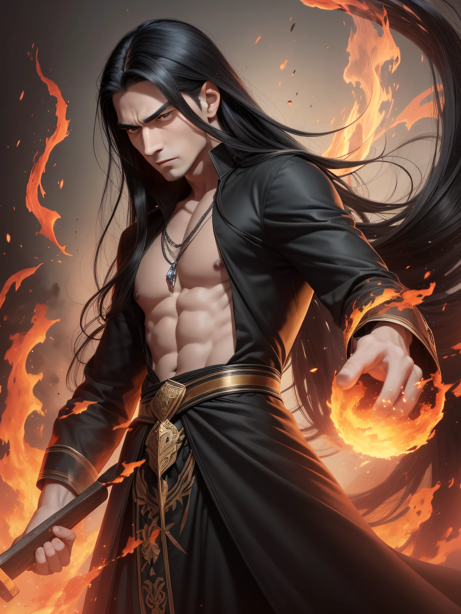 One young man of 30 years old with a thin full-length body with long black straight hair and yellow eyes in old-style black long clothes in full growth throws fire from his fingers, an evil serious concentrated expression on his face, thin eyebrows brought together, long eyelashes, a beautiful serious thin face, a straight nose, large eyes, full growth, the background of the night burning forest