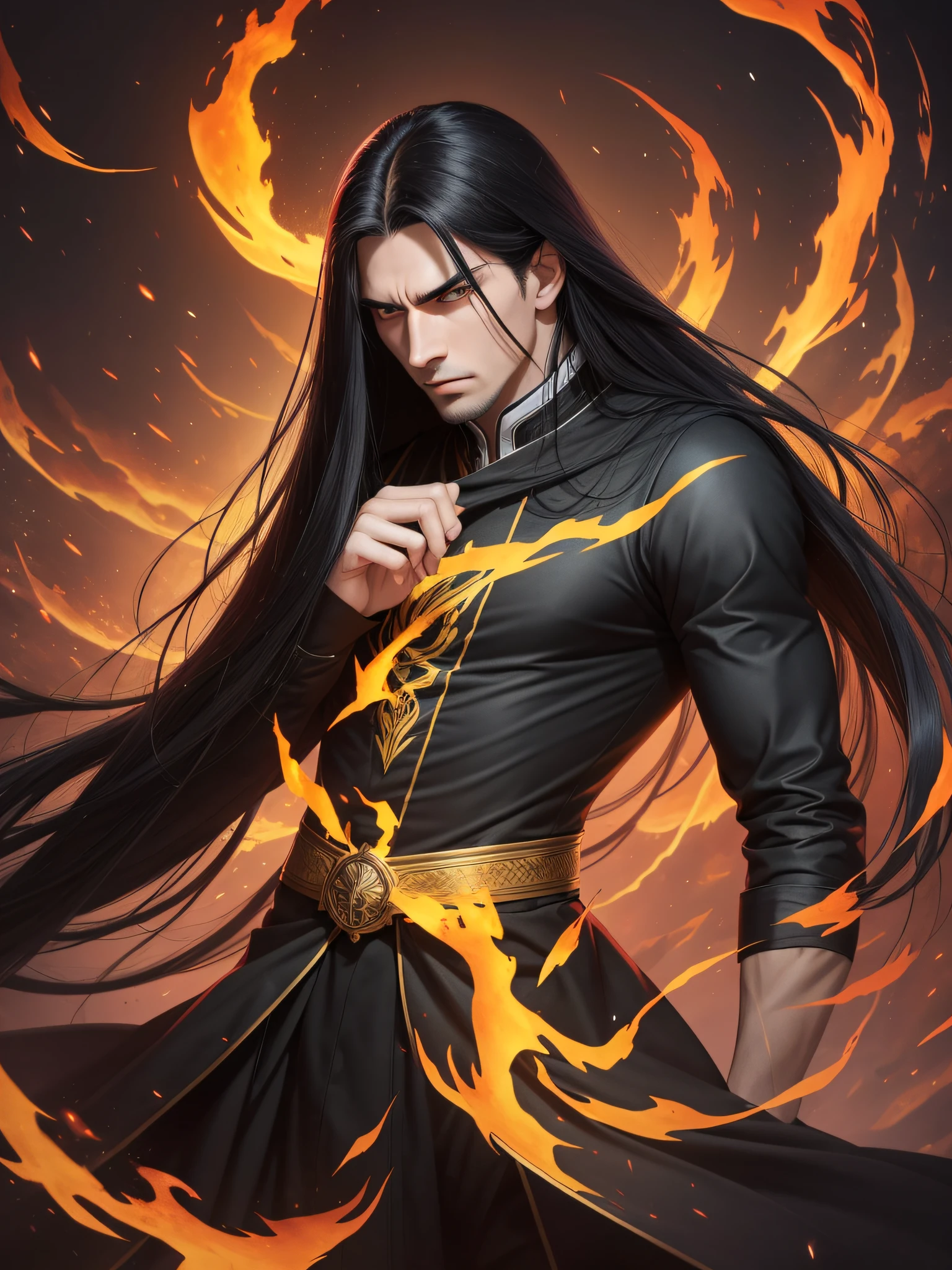 One young man of 30 years old with a thin full-length body with long black straight hair and yellow eyes in old-style black long clothes in full growth throws fire from his fingers, an evil serious concentrated expression on his face, thin eyebrows brought together, long eyelashes, a beautiful serious thin face, a straight nose, large eyes, full growth, the background of the night burning forest
