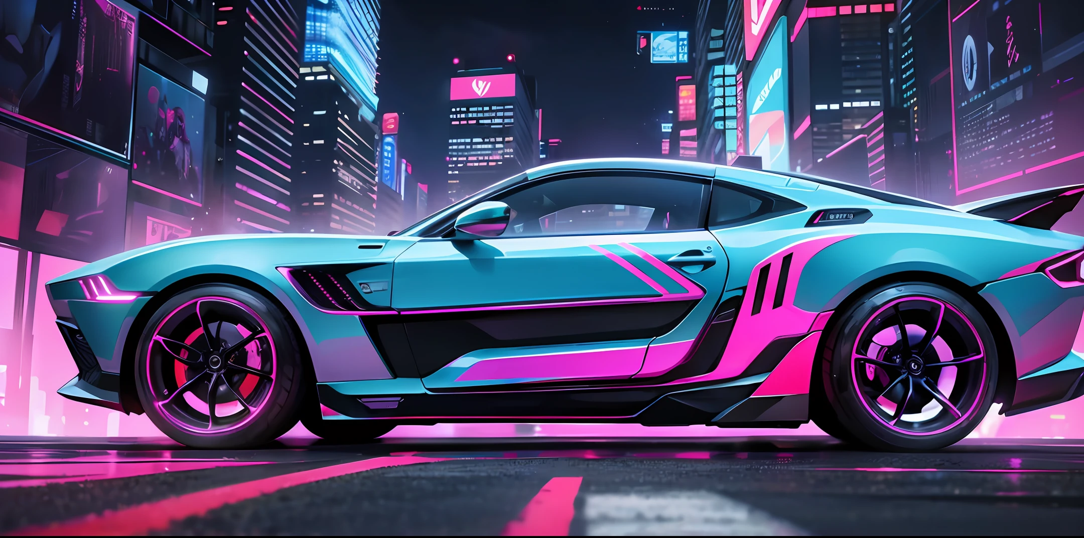 Futuristic muscle car, parked at the end of the street of a cyberpunk city, the neon colors of skyscrapers become a beautiful backdrop, hi-res photorealistic painting, --auto --s2