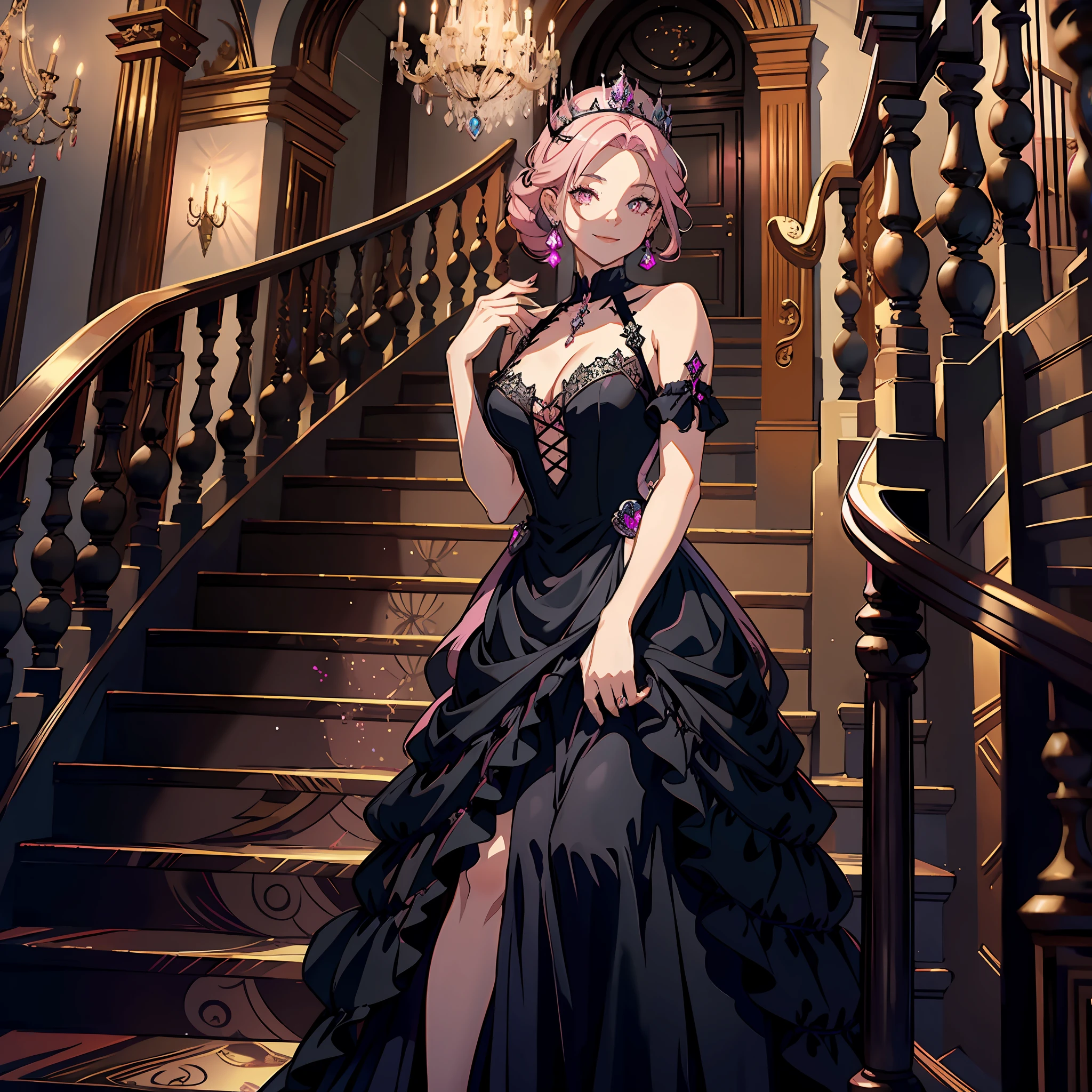 1 woman, black reis dress, mansion, spiral staircase, holding stair handrail, pink hair, crown, heart pupils, crystal earrings, smile, excitement, high detail, super detail, high resolution, best quality, masterpiece, curated, ultra hd