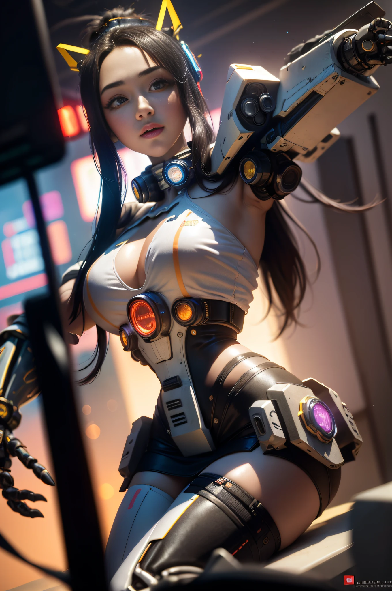 ((Best quality)), ((masterpiece)), (highly detailed:1.3), 3D, beautiful, (cyberpunk:1.6), in space, nebulous, laser, (1Female mecha:1.8), sexy body, facing the audience, bright eyes full breasts, full body, big ass, neon tattoo, (flying, descending, dynamic, motion blur: 1.4), (huge wings of locks: 1.9), looking up, glowing_eyes, mecha, panorama, background is earth, nebula, space, particles, Reality, HDR (High Dynamic Range), Ray Tracing, NVIDIA RTX, Super Resolution, Unreal 5, Subsurface Scattering, PBR Textures, Post-Processing, Anisotropic Filtering, Depth of Field, Maximum Clarity and Clarity, Multilayer Textures, Albedo and Specular Maps, Surface Shading, Accurate Simulation of Light-Material Interaction, Perfect Proportions, Octane Render, Two-Tone Lighting, Large Aperture, Low ISO, white balance, rule of thirds, 8K RAW, efficient sub-pixel, sub-pixel volume product, (best quality), (Japanese: 0.9), (Korean: 0.8), (Liu Yi Fei: 1.8) long hair, (large chest: 1.5), (underboob: 1.6), (white transparent lace mini skirt: 1.7)